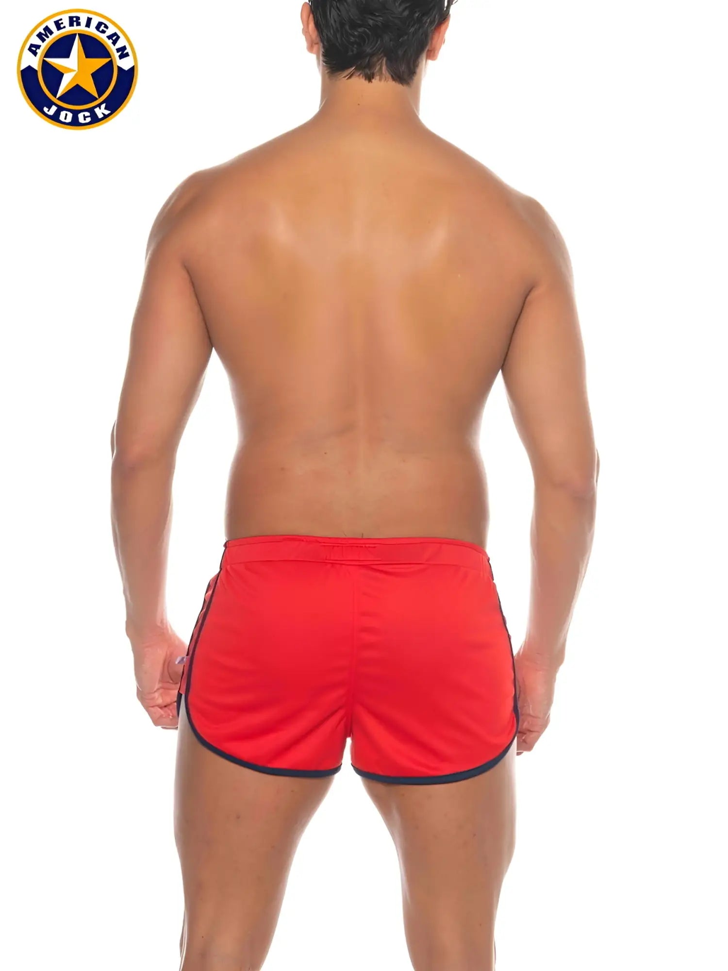 Red american jock athletic shorts with black trim designed for phys ed and track use in lightweight material