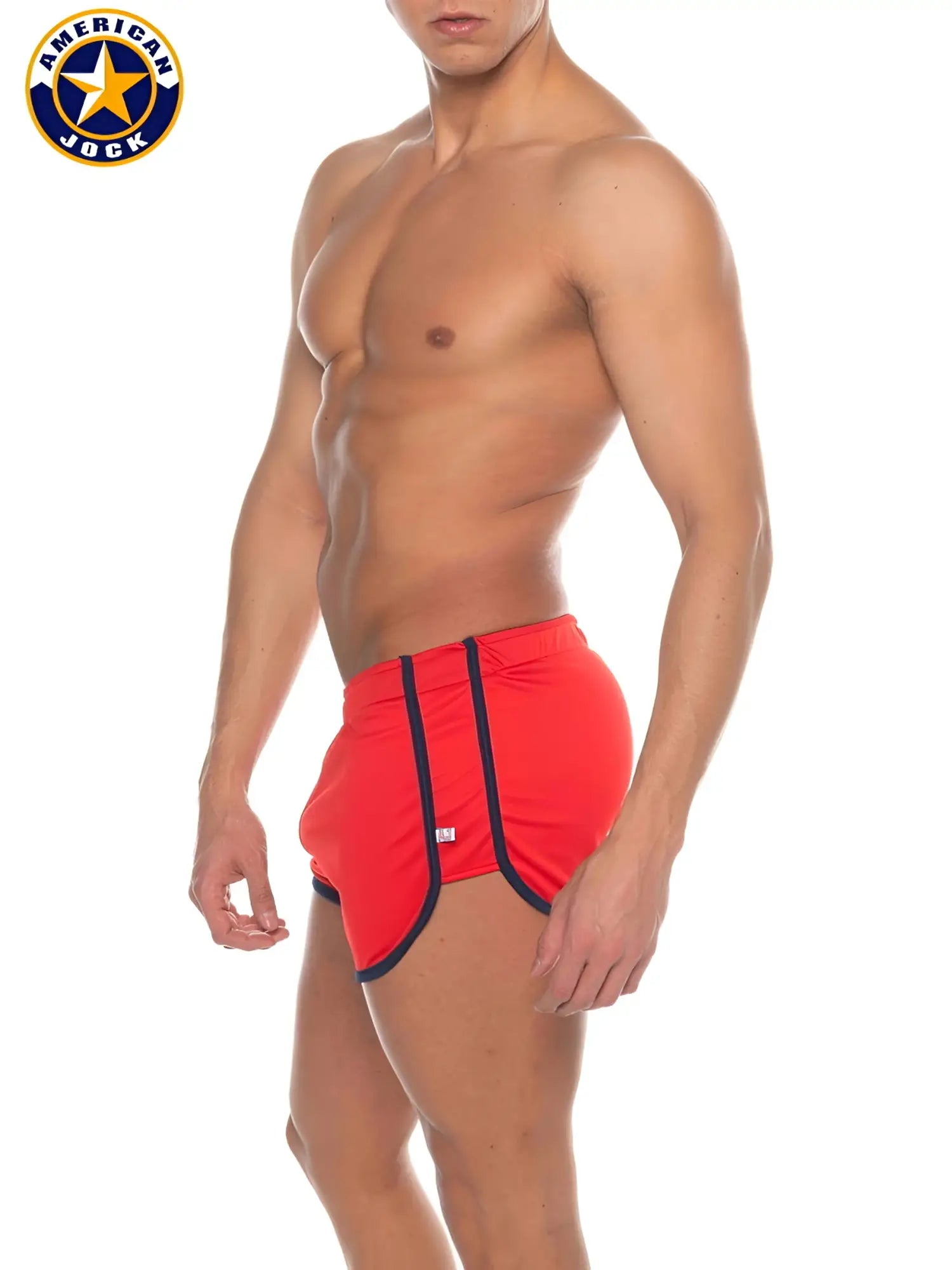 A j phys ed track short red american jock swim trunks with navy blue trim designed for athletic use
