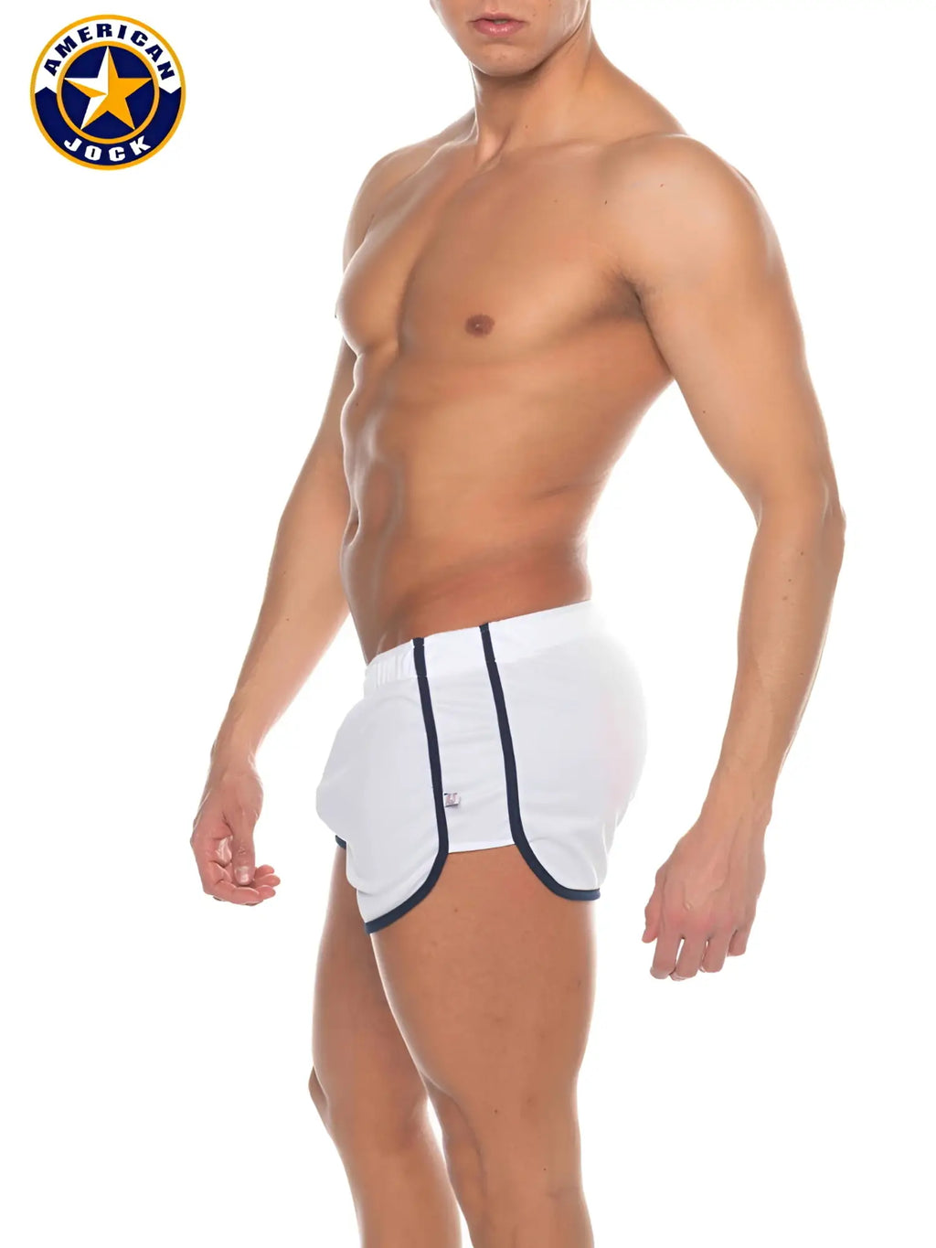 White American jock athletic briefs with navy blue trim in AJ Phys Ed track short style for sports use
