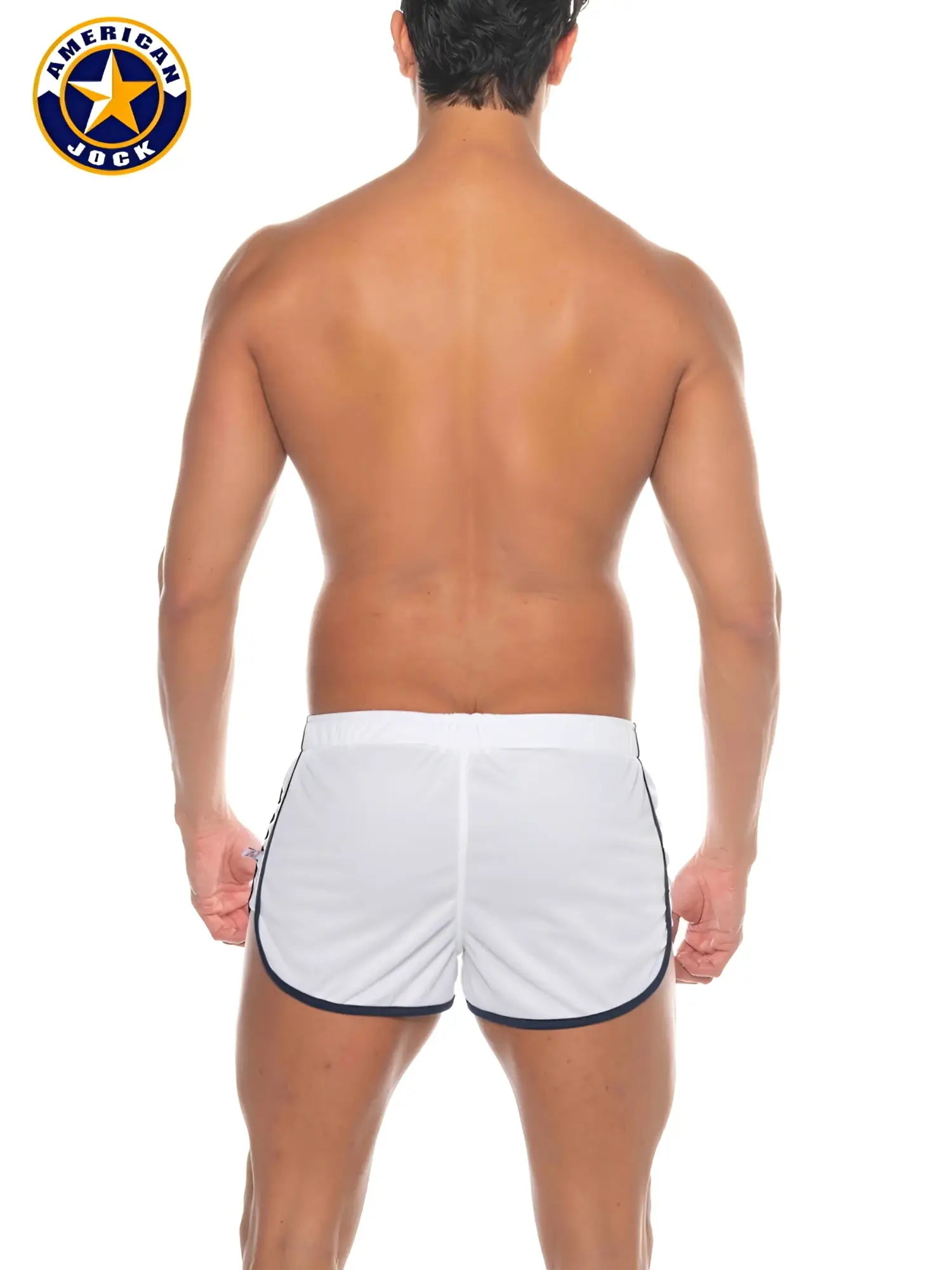 A j phys ed track short white american jock athletic shorts with navy blue trim for sports and exercise