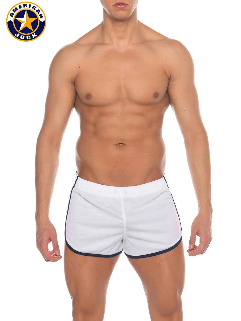 A j phys ed track short in white athletic fabric with navy blue trim designed for sports and exercise