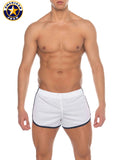 A j phys ed track short in white athletic fabric with navy blue trim designed for sports and exercise