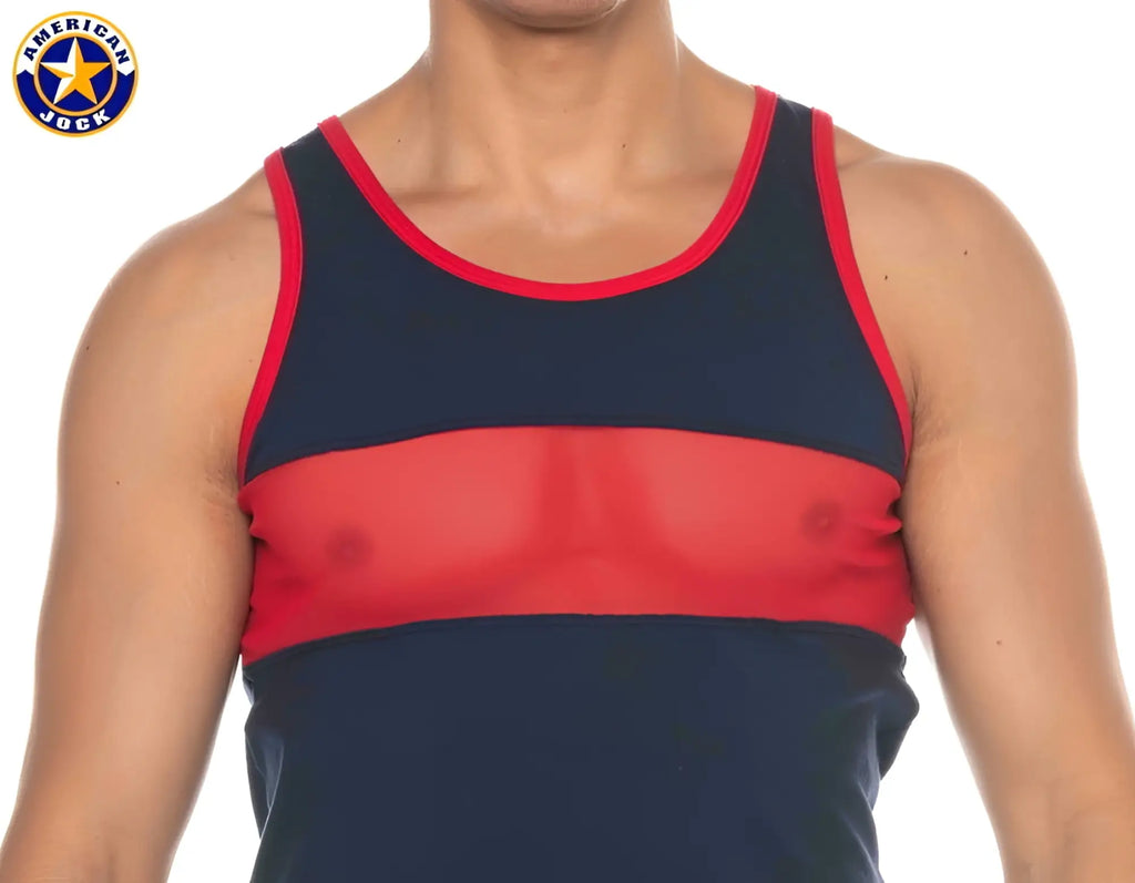 A j phys ed track tank top men’s mesh panel navy blue and red color block athletic tank top by american jock