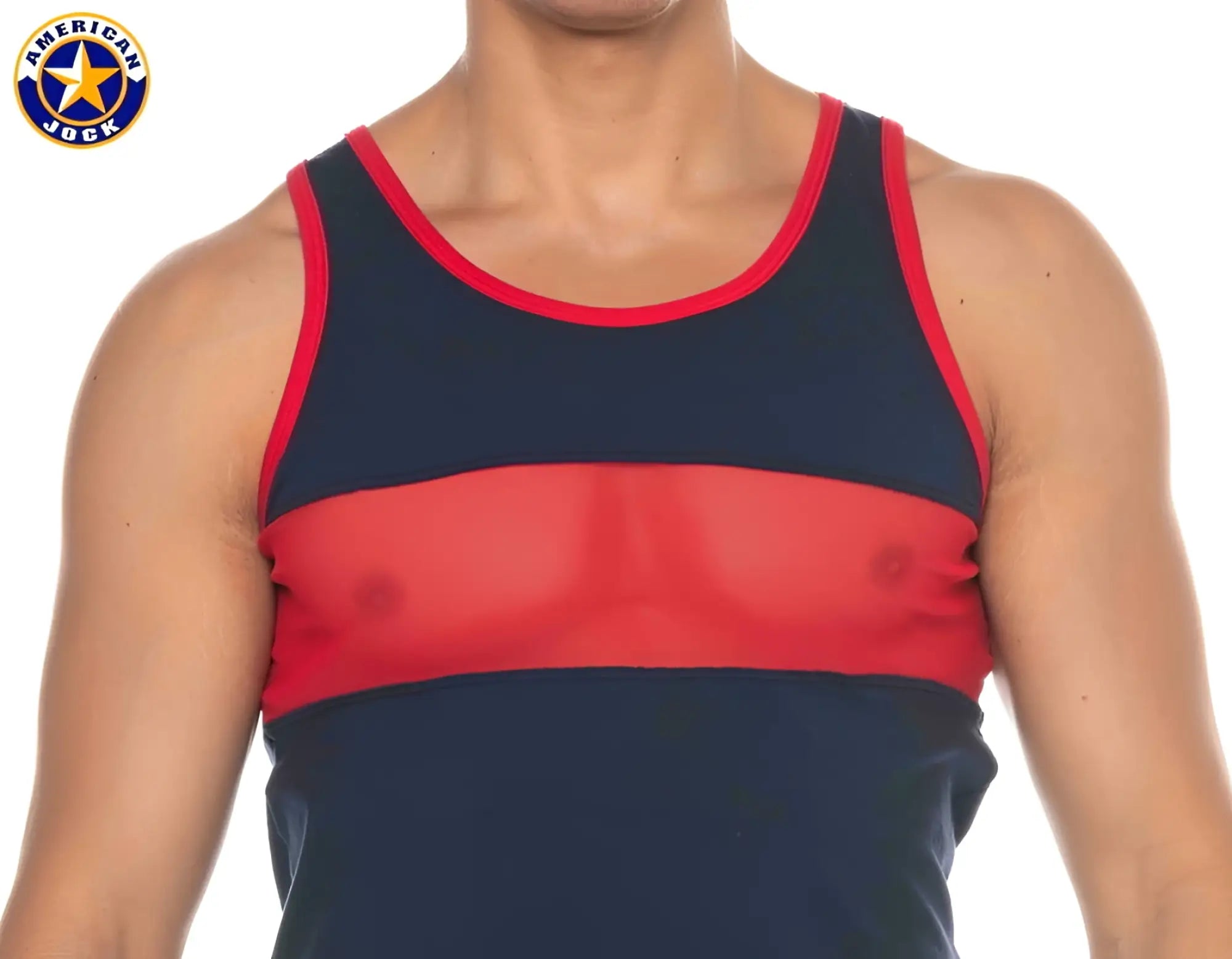 A j phys ed track tank top men’s mesh panel navy blue and red color block athletic tank top by american jock