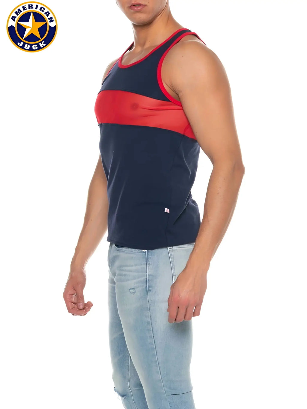 Navy blue and red american jock tank top with a horizontal chest stripe designed for phys ed track use