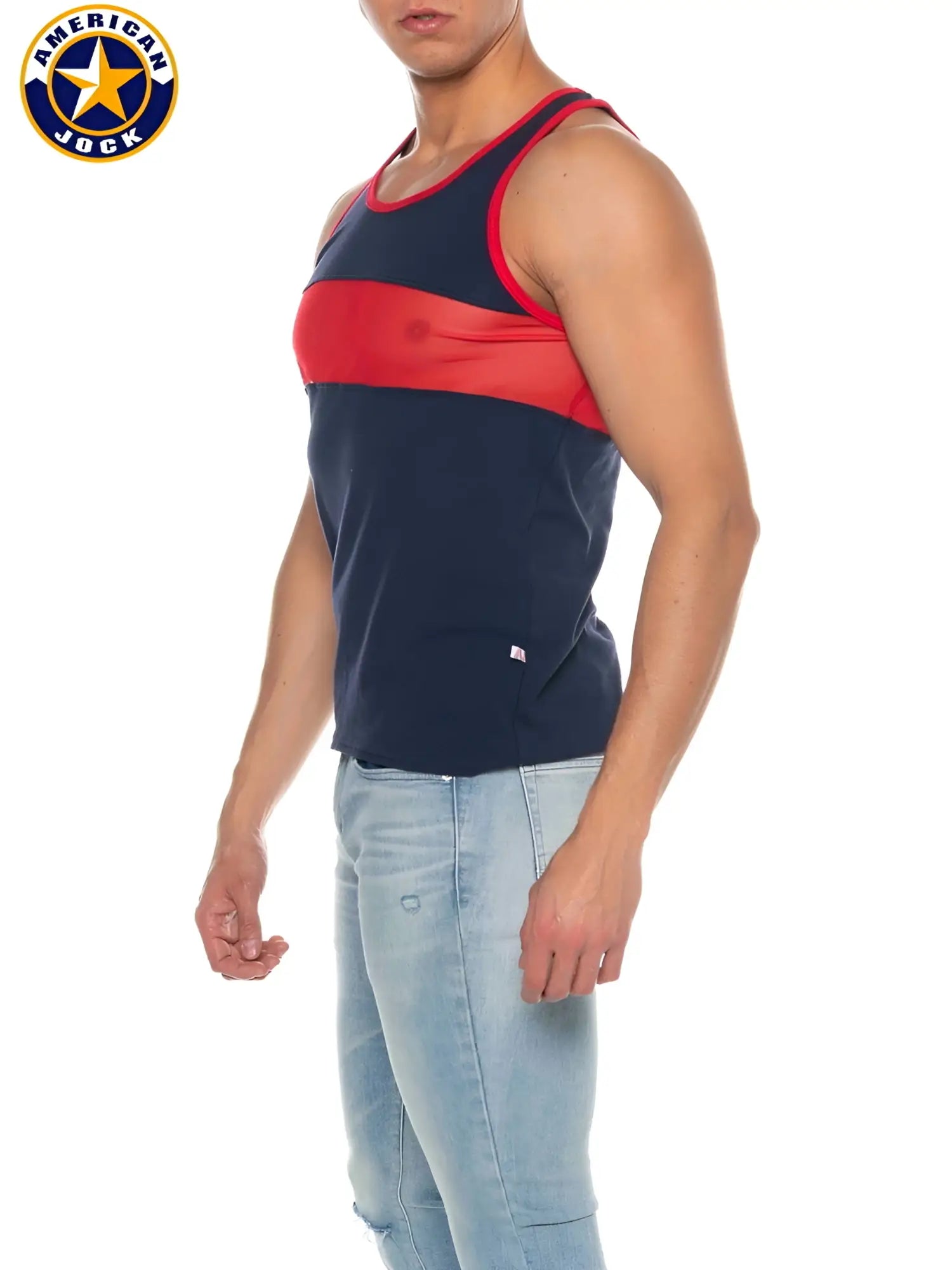 Navy blue and red american jock tank top with a horizontal chest stripe designed for phys ed track use
