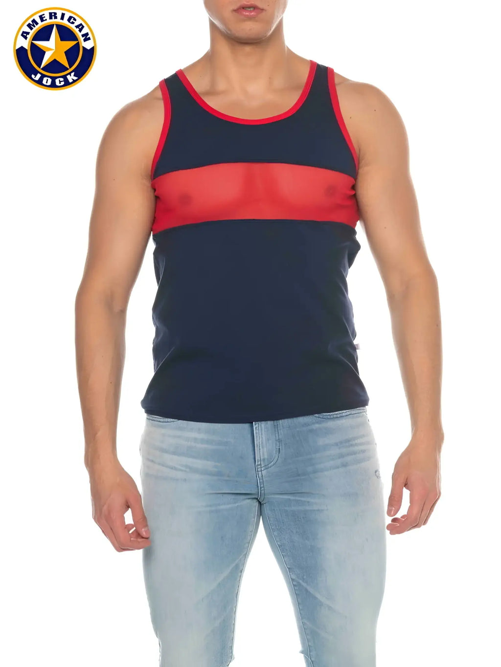 Navy blue and red a j phys ed track tank top with mesh paneling designed for athletic performance