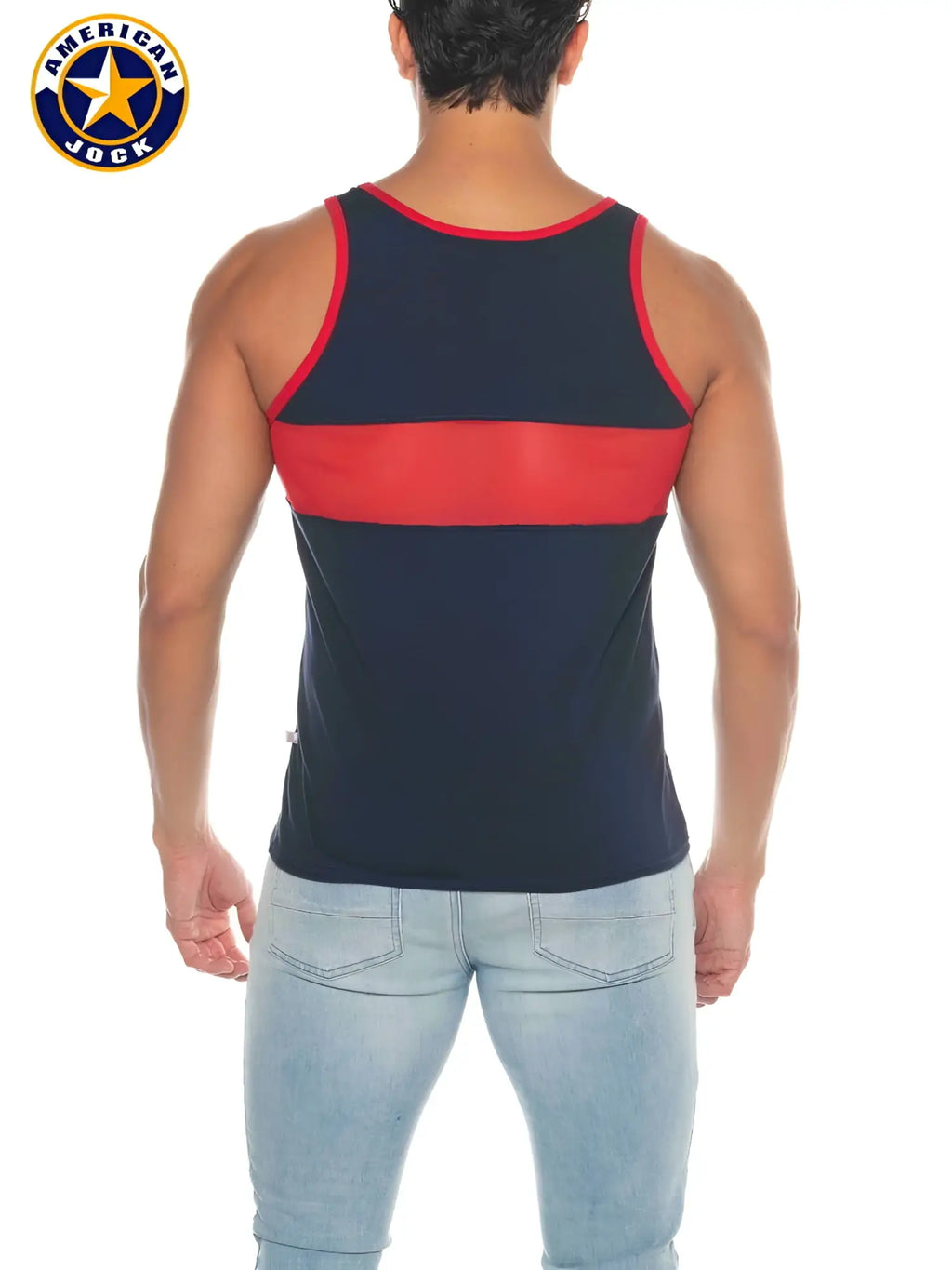 A j phys ed track tank top in navy blue and red striped cotton with red trim for athletic use