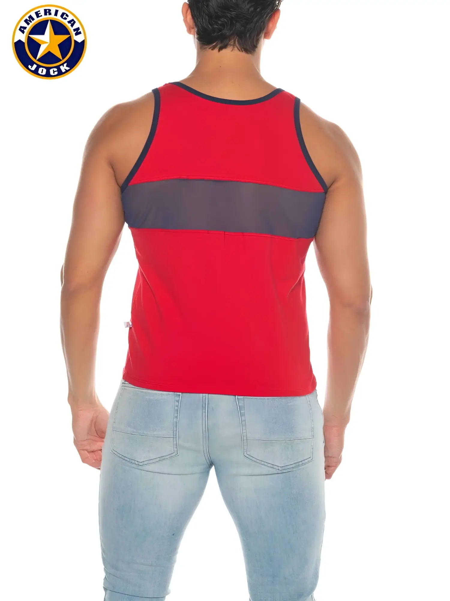 A j phys ed track tank top in red with navy blue trim and a gray horizontal stripe across the chest