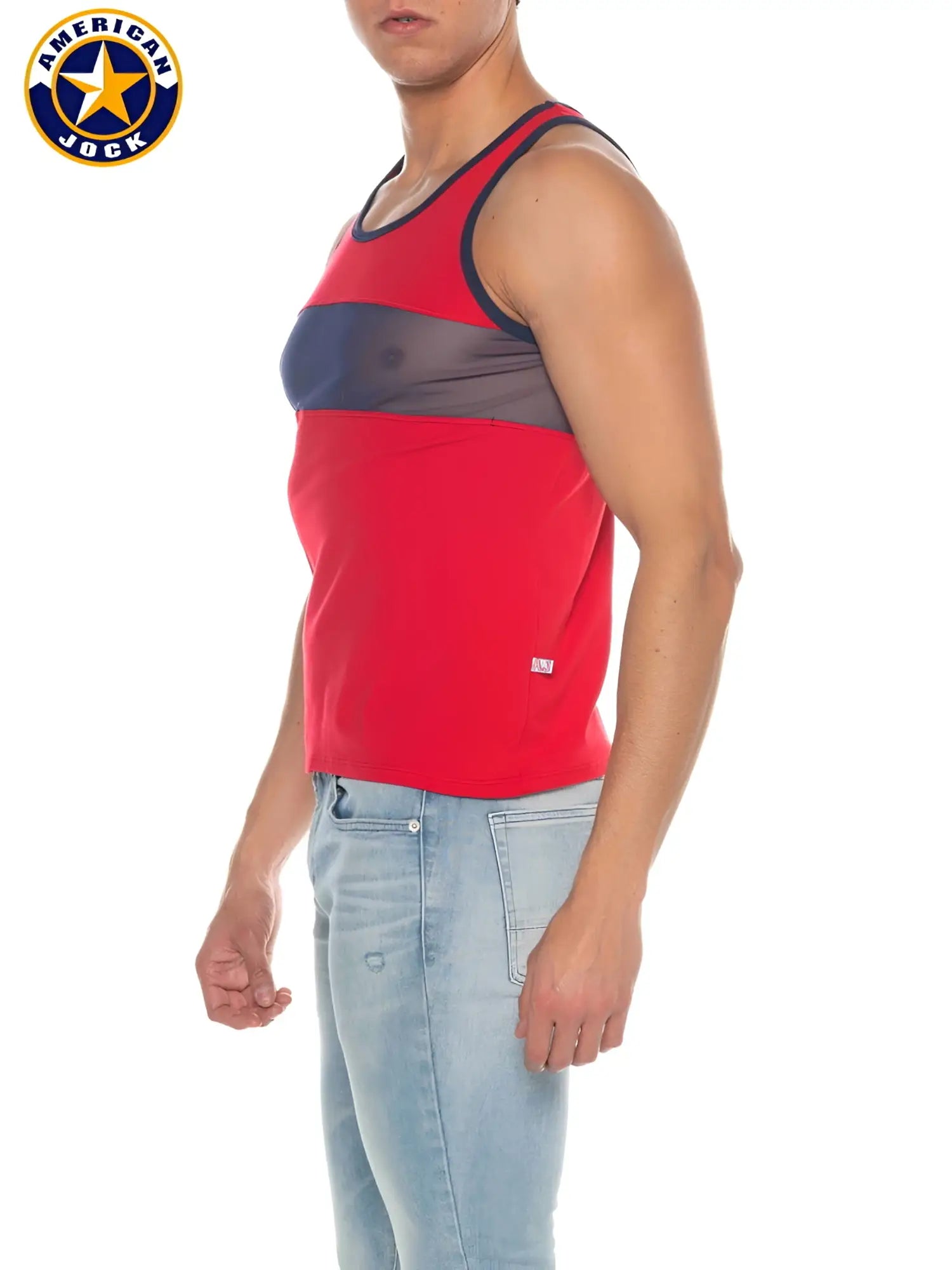 A red a j phys ed track tank top with navy blue trim and a sheer mesh panel across the chest