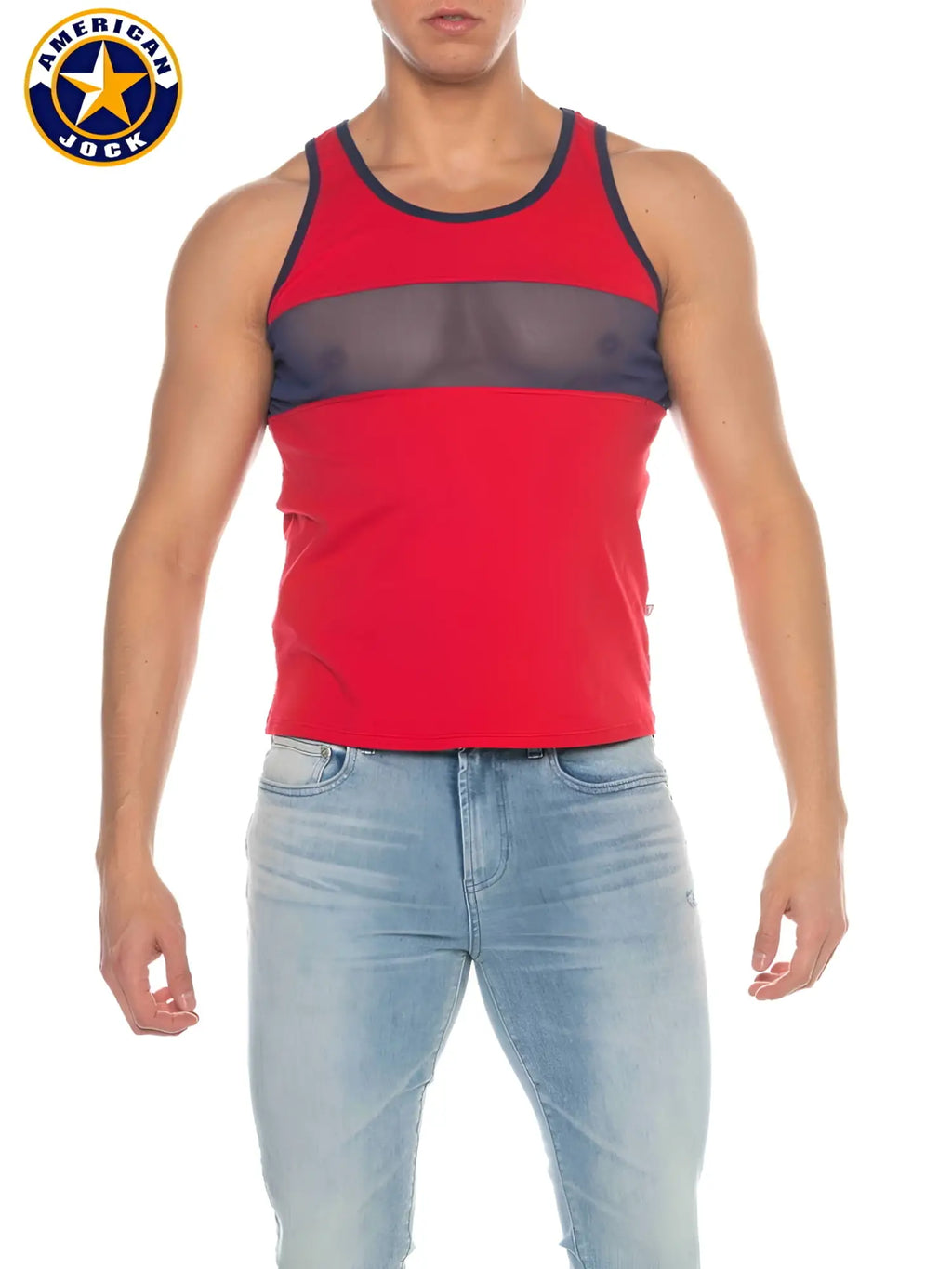 A red a j phys ed track tank top with navy blue trim and a sheer mesh panel across the chest