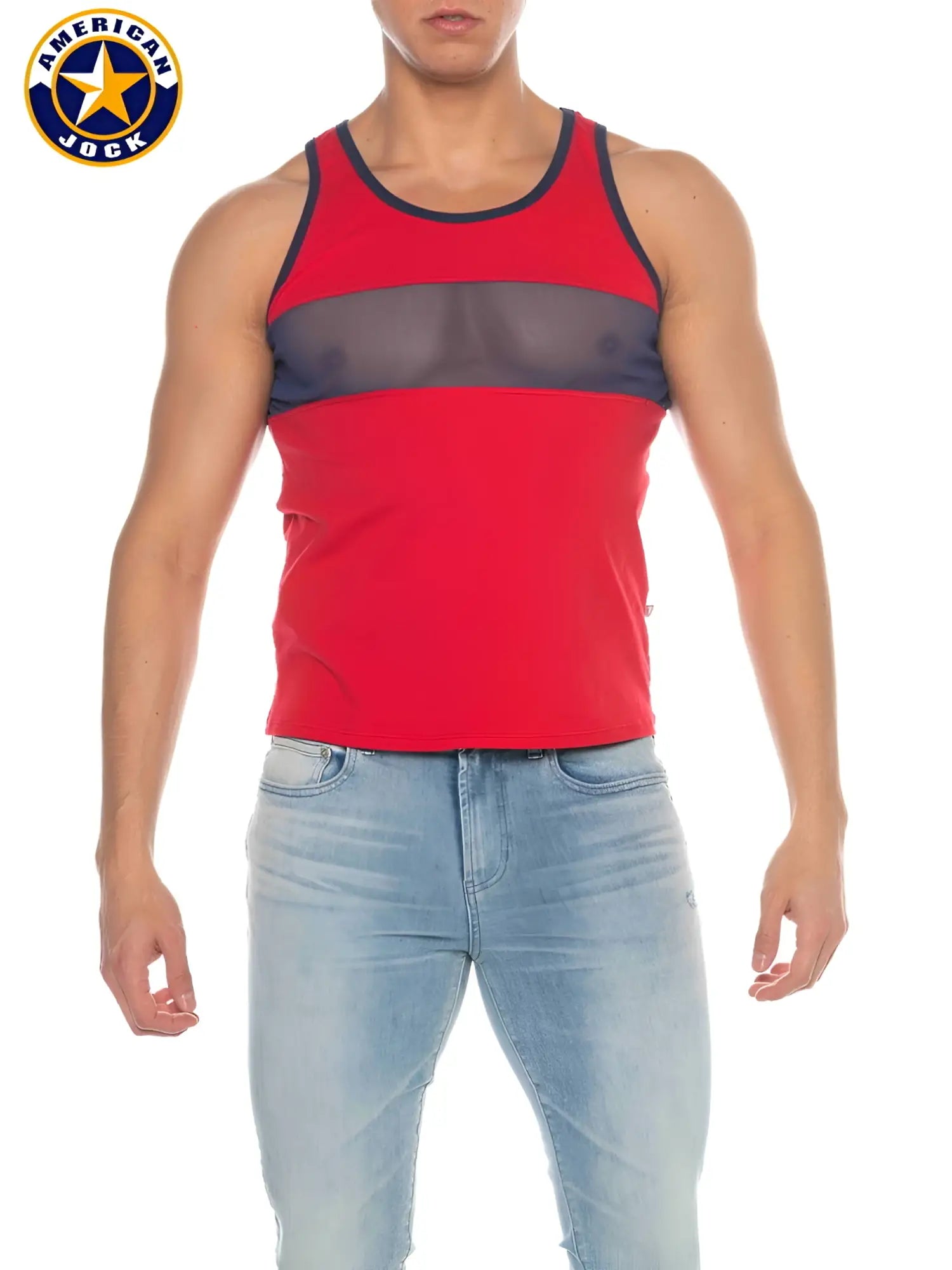 A red a j phys ed track tank top with navy blue trim and a sheer mesh panel across the chest