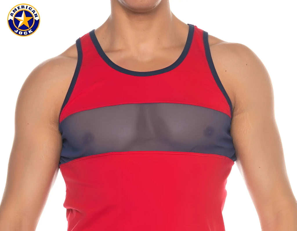 A j phys ed track tank top in red and navy blue with a mesh panel across the chest for breathability