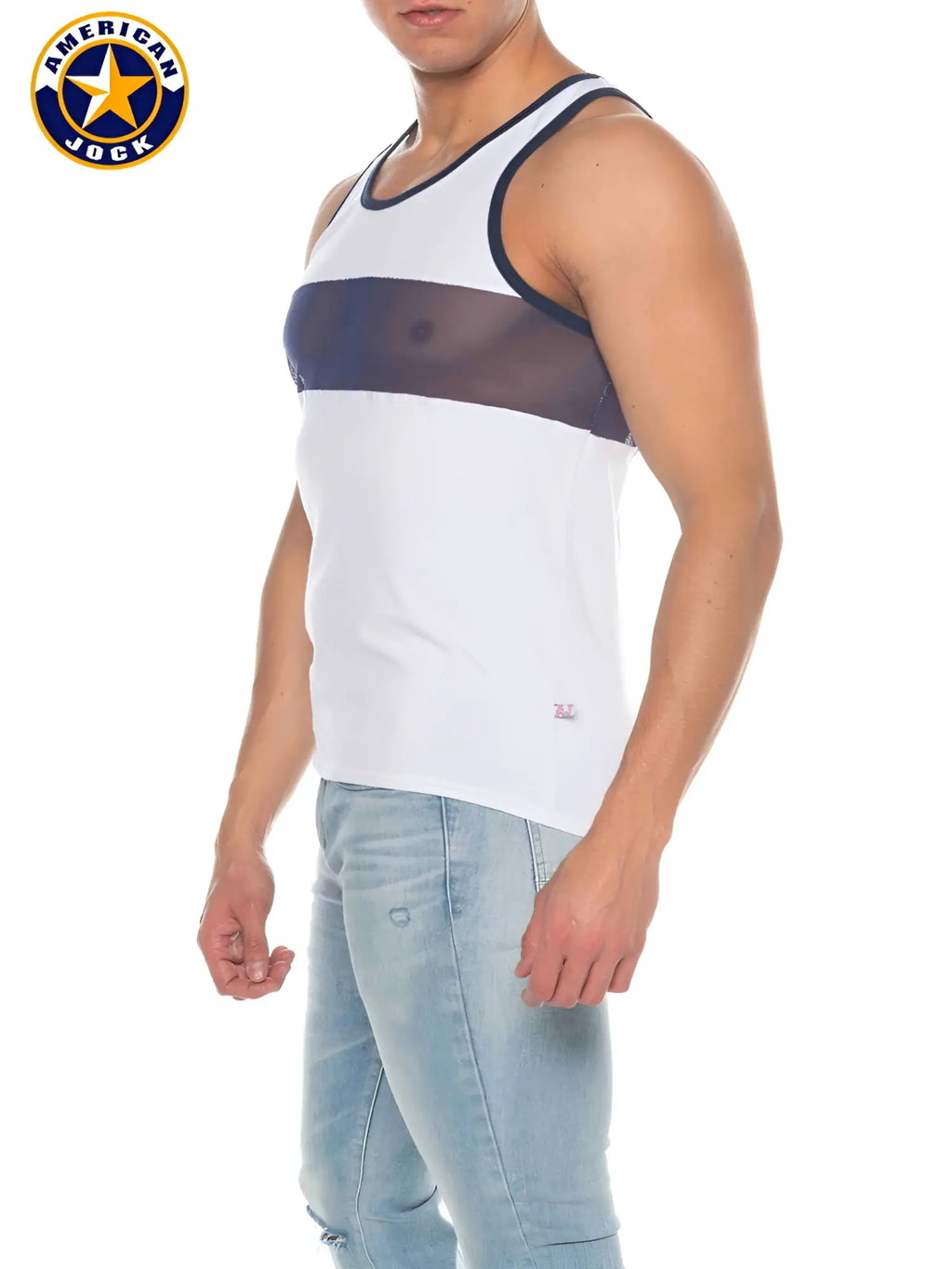 A j phys ed track tank top in white with navy blue trim and a sheer mesh panel across the chest
