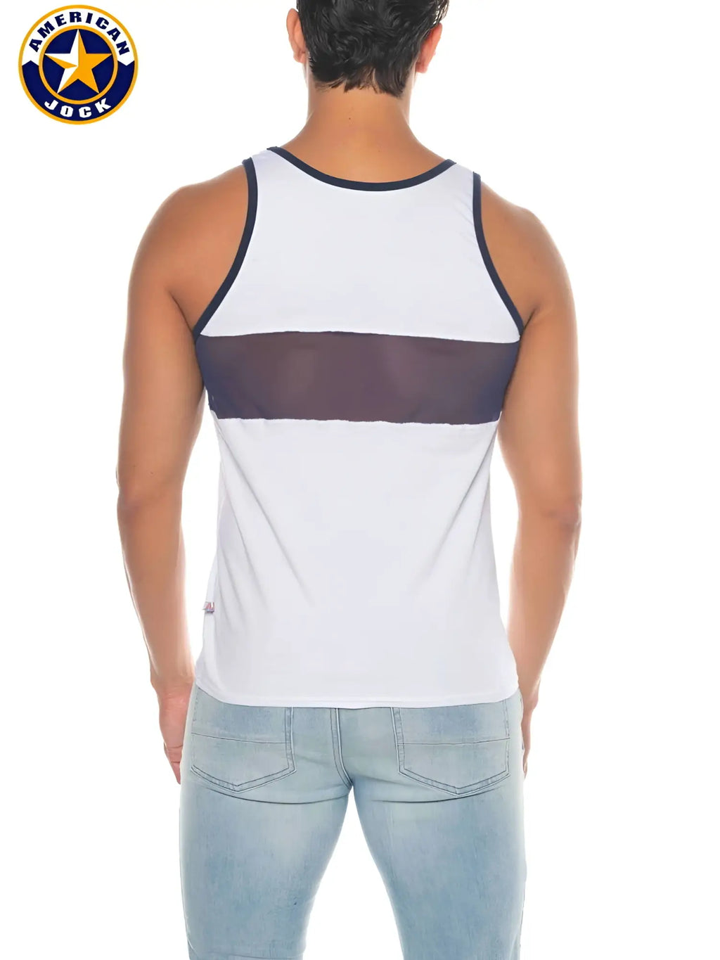 A white american jock tank top with navy blue trim and sheer mesh panel across the chest for athletic wear