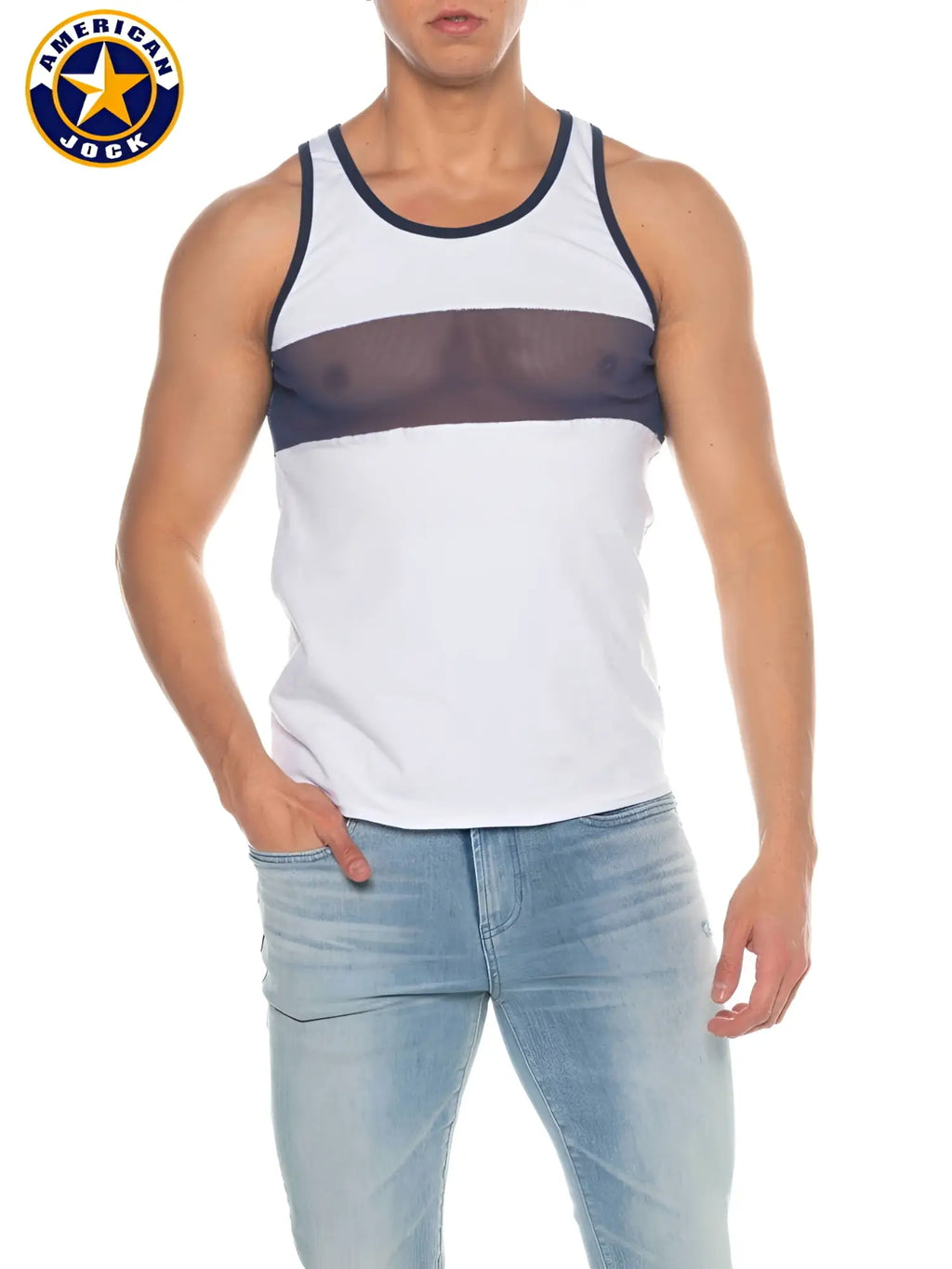 A white american jock tank top with navy blue trim and a sheer mesh chest panel from a j phys ed track tank top