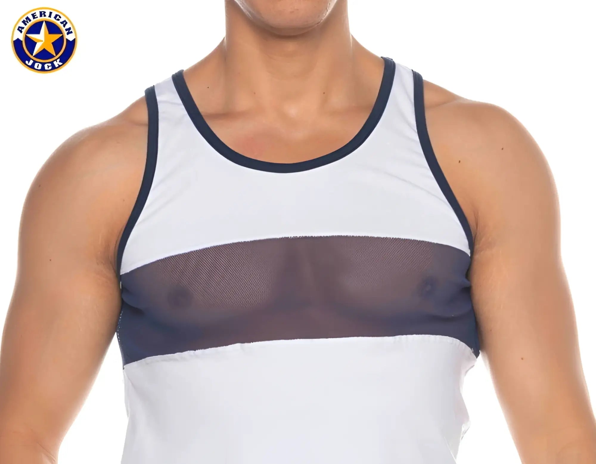 A j phys ed track tank top in white and navy blue with mesh panel across the chest for athletic wear