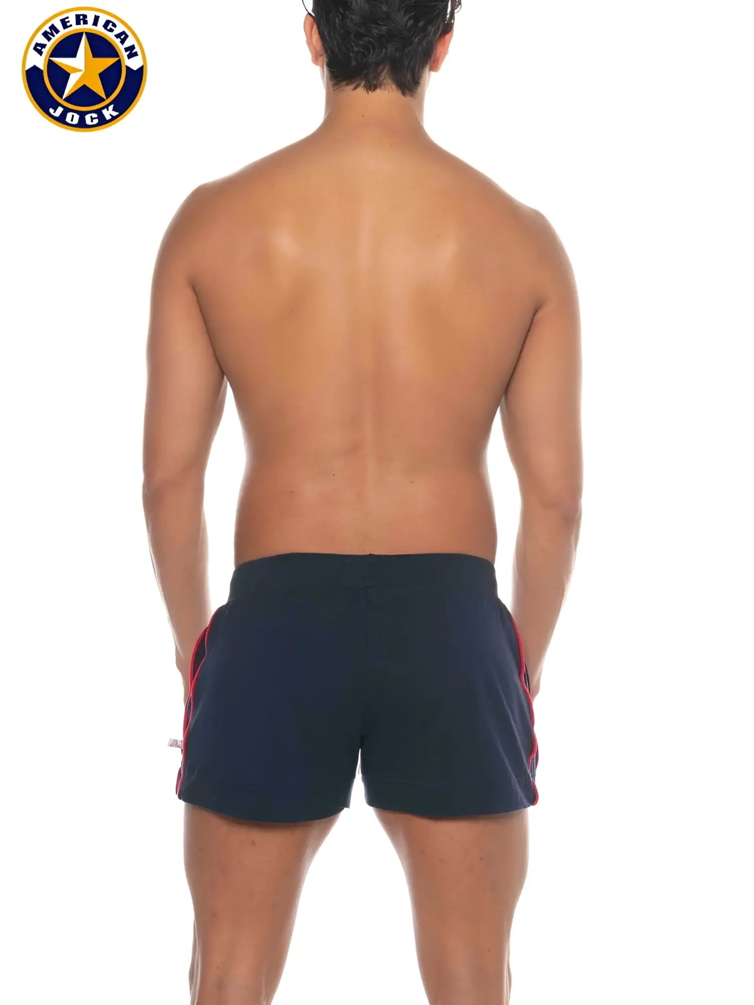 Navy blue american jock athletic shorts with red side stripes and pockets designed for physical education and volleyball