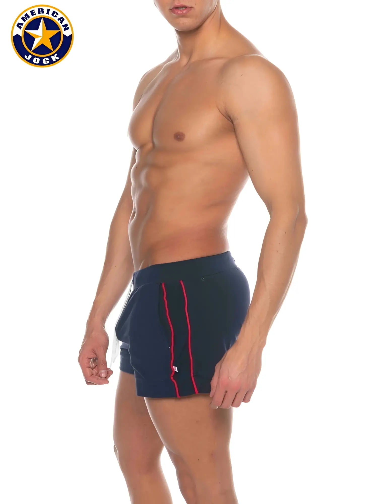Navy blue american jock swim trunks with red side stripes and pockets designed for physical education and volley use