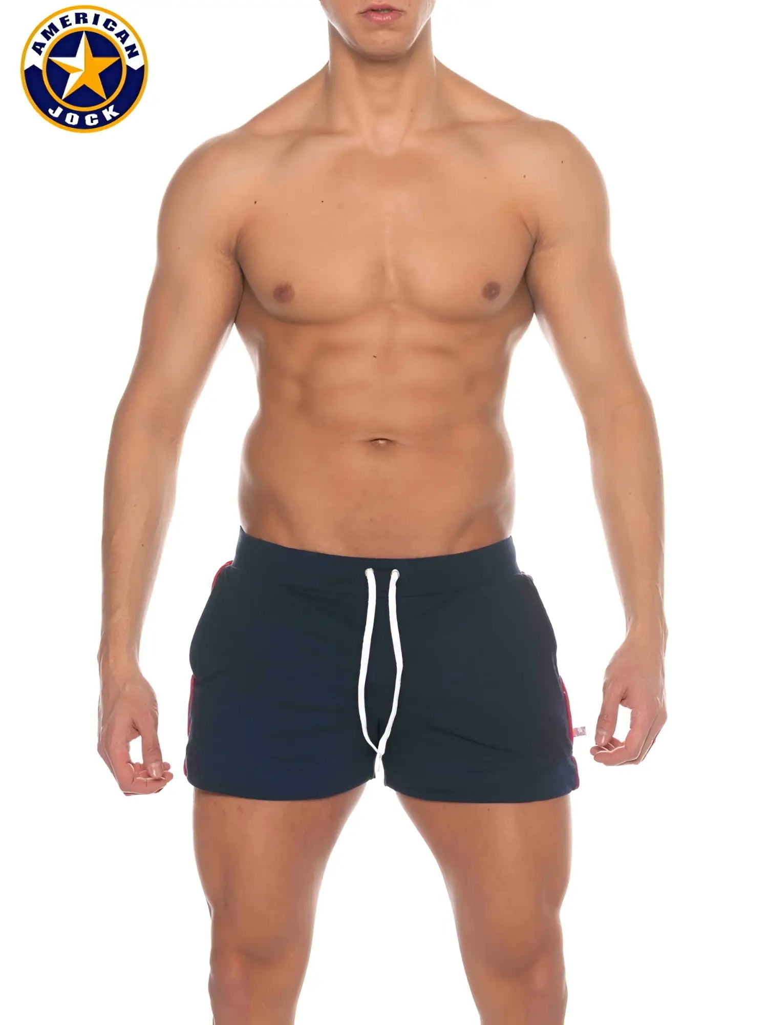 Navy blue american jock swim trunks with white drawstring and red side accents featuring pockets for active use