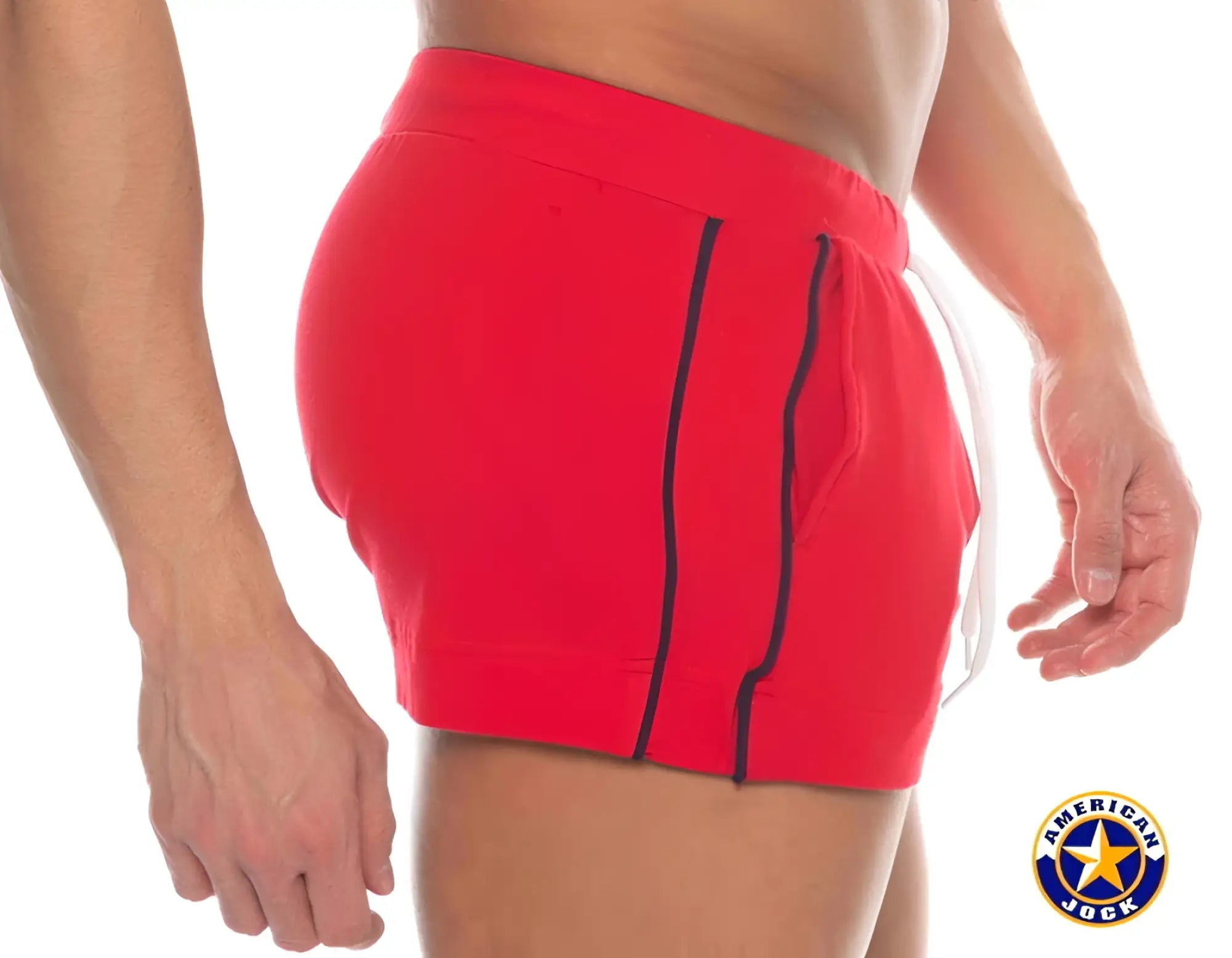 A j phys ed volley short in red with black side stripes white drawstring and pockets designed for athletic use