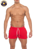 Red american jock athletic volley shorts with white drawstrings black side stripes and pockets for physical education