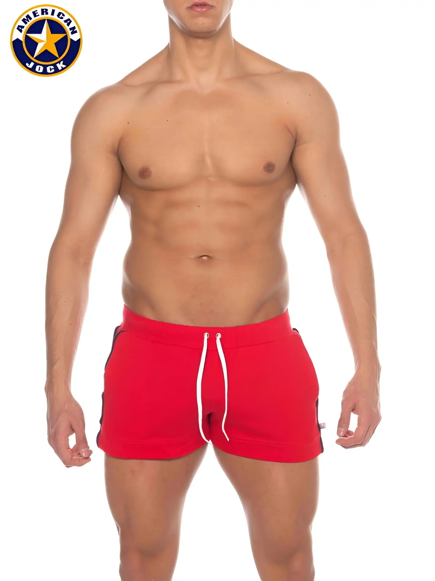 Red american jock athletic volley shorts with white drawstrings black side stripes and pockets for physical education