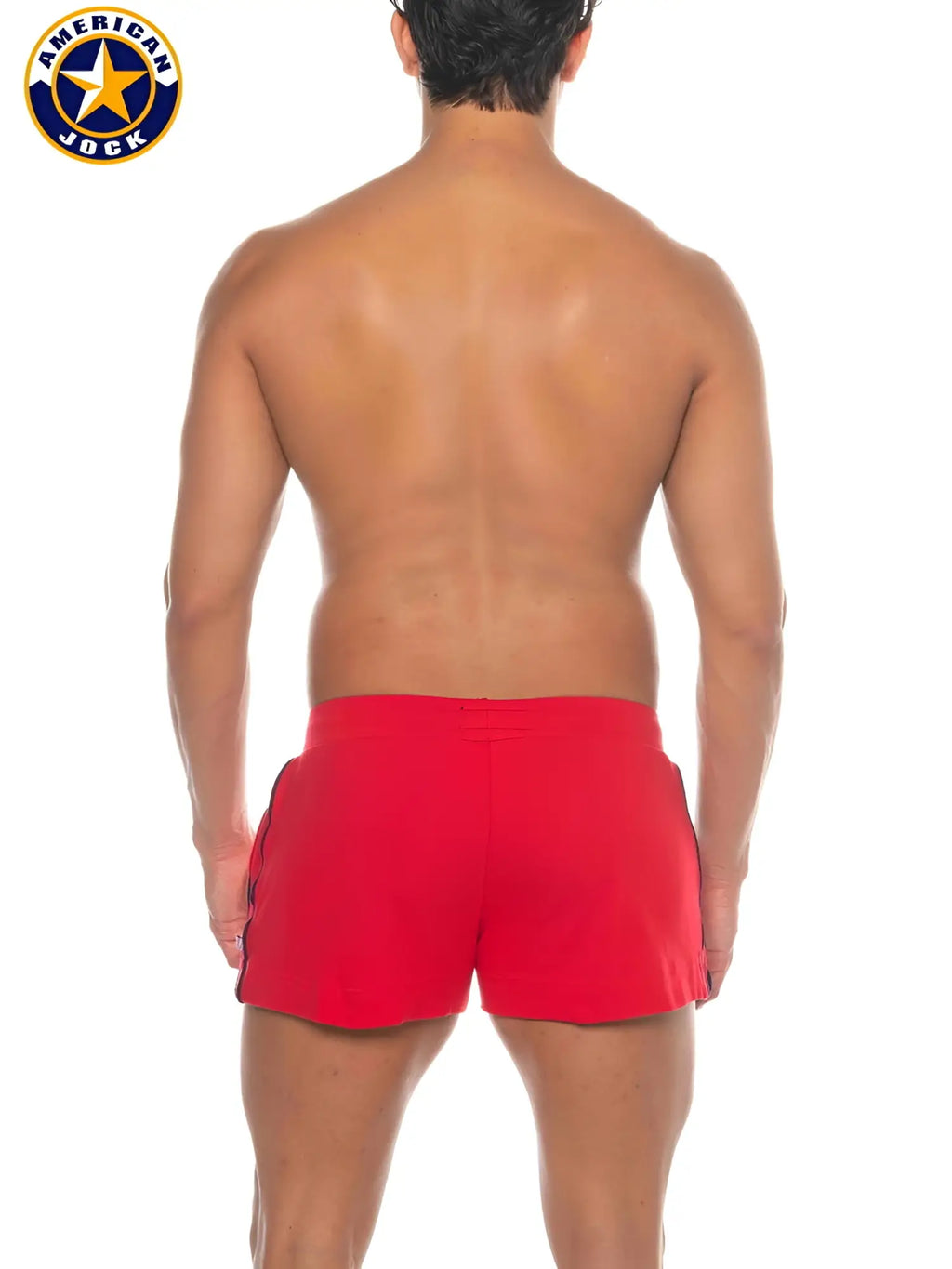 Red american jock athletic shorts with black side stripes and pockets designed for phys ed and volleyball use