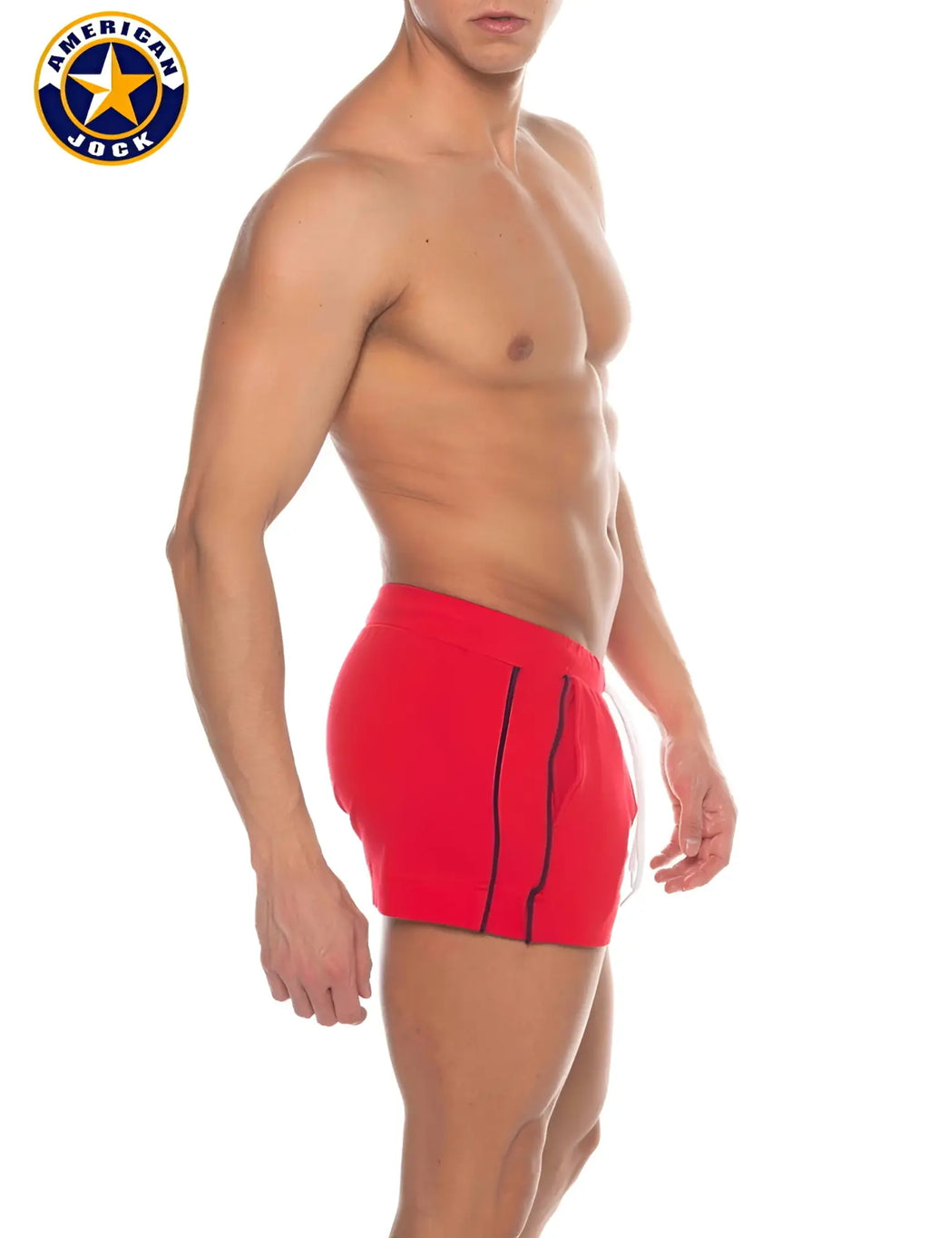 Red american jock swim trunks with black side stripes and pockets designed for physical education and volley use