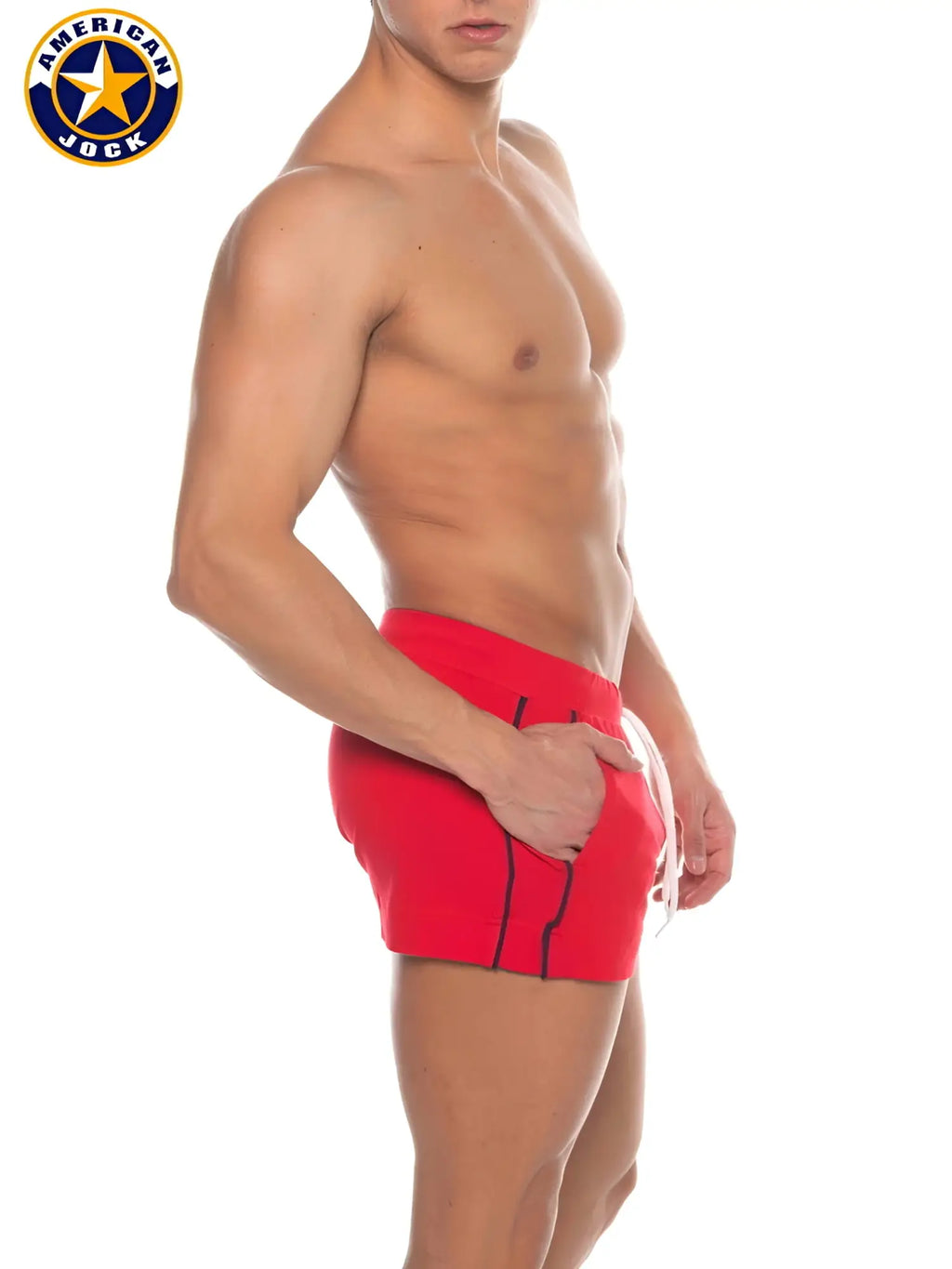 Red american jock swim trunks with black side stripes and pockets designed for physical education and volleyball use