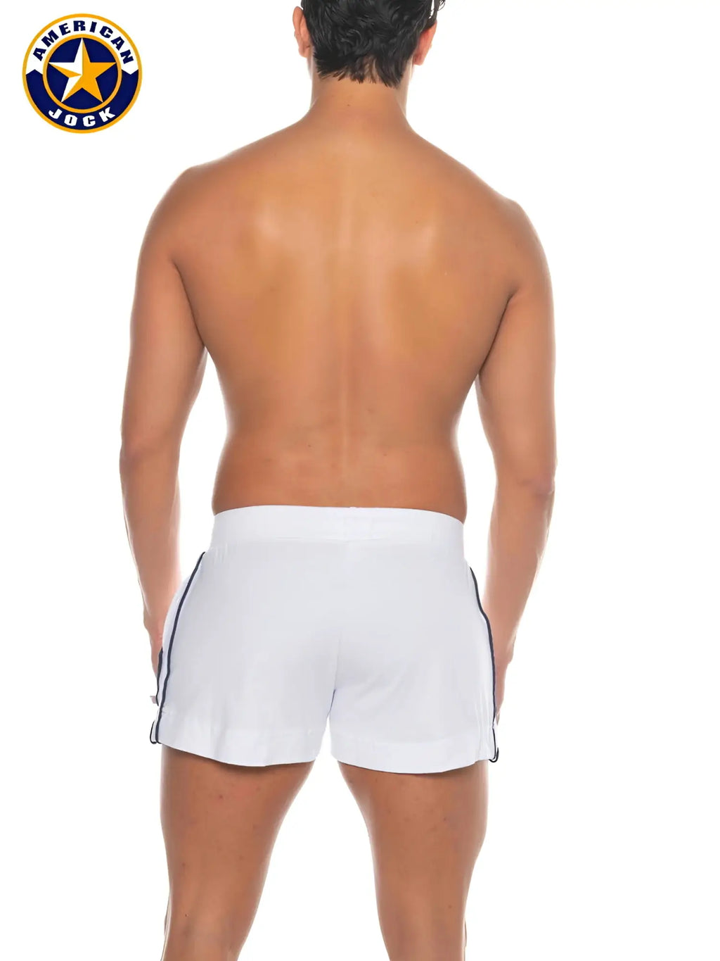 White american jock athletic shorts with navy blue side stripes and pockets for physical education and volleyball use