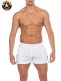 White american jock athletic volley shorts with black side stripes drawstring waistband and pockets