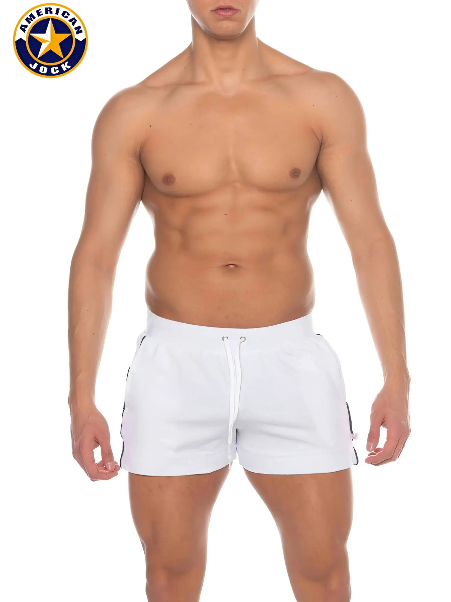 White american jock athletic volley shorts with black side stripes drawstring waistband and pockets