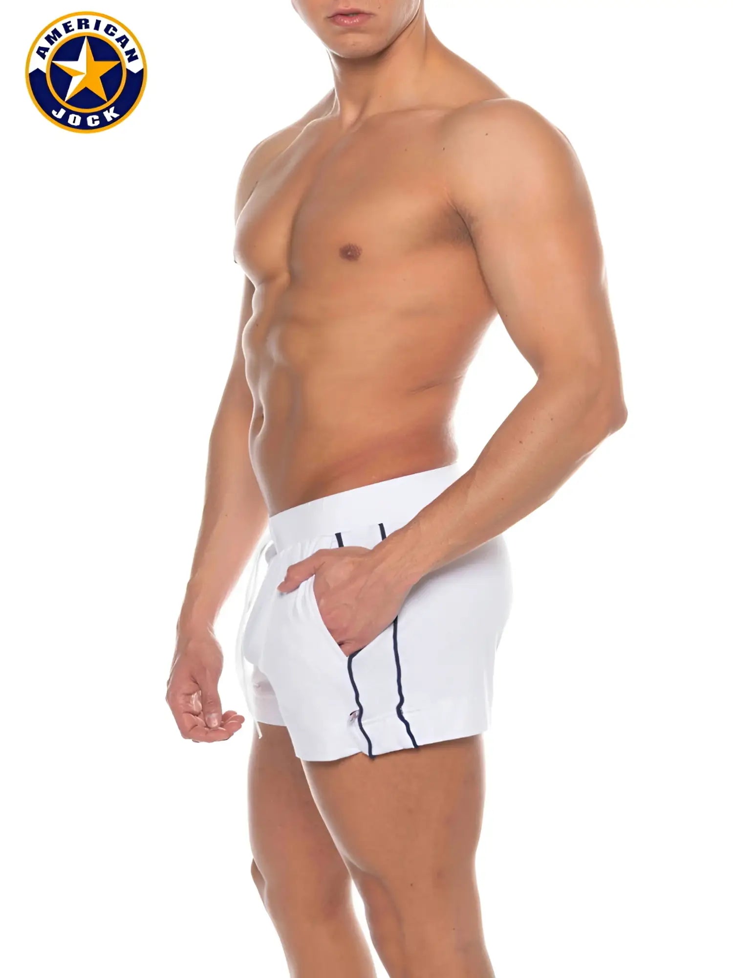 White american jock swim trunks with navy blue side stripes and pockets for active wear