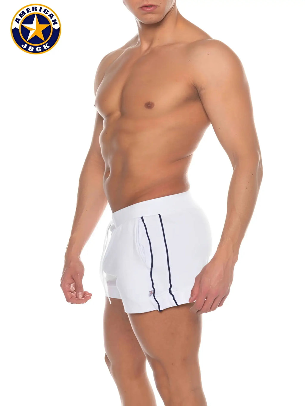 White American jock swim trunks with navy blue side stripes and pockets designed for physical education and volleyball use