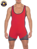 A j phys ed wrestler red american jock wrestling singlet with navy blue trim and mesh side panels