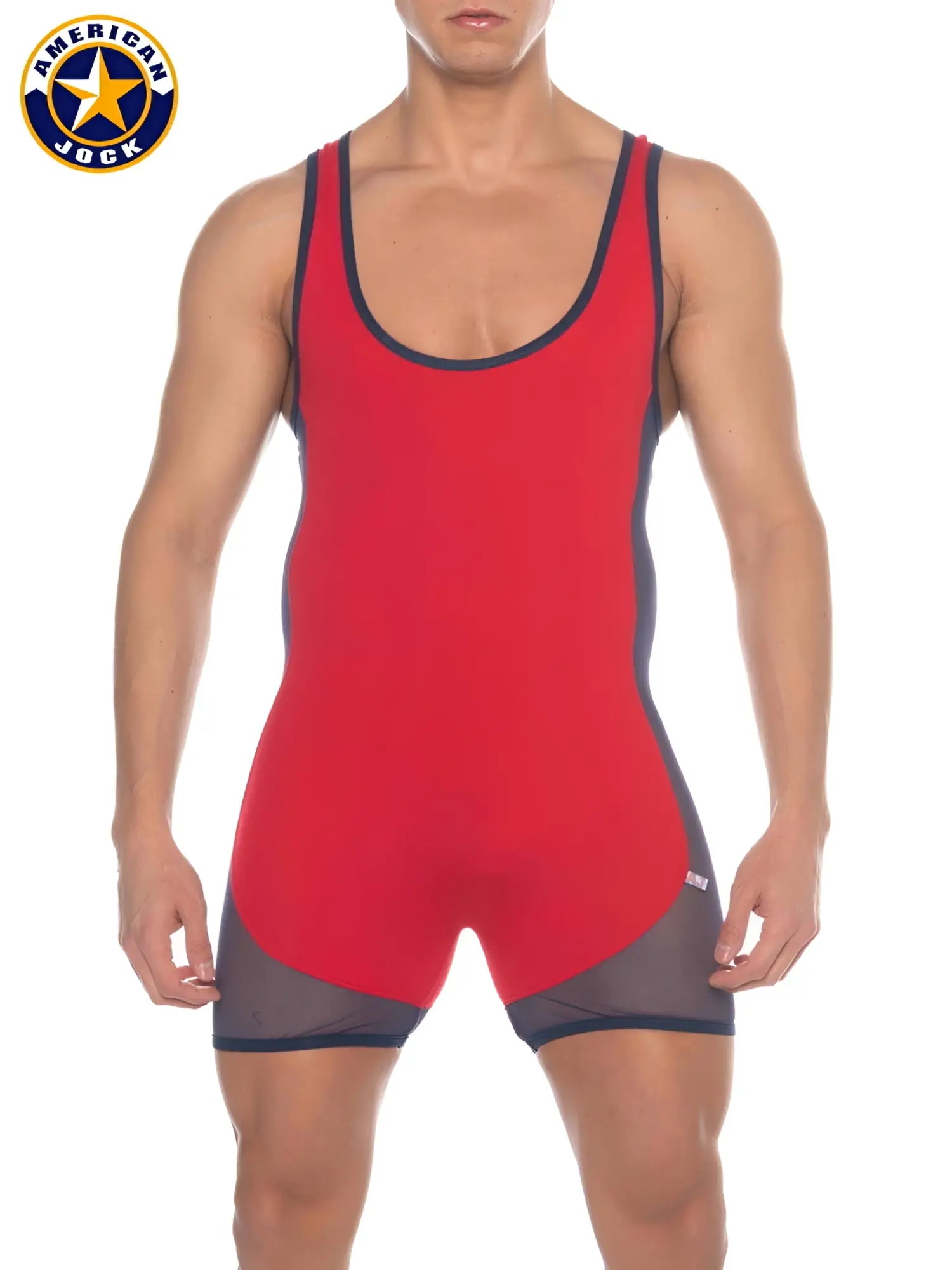 A j phys ed wrestler red american jock wrestling singlet with navy blue trim and mesh side panels