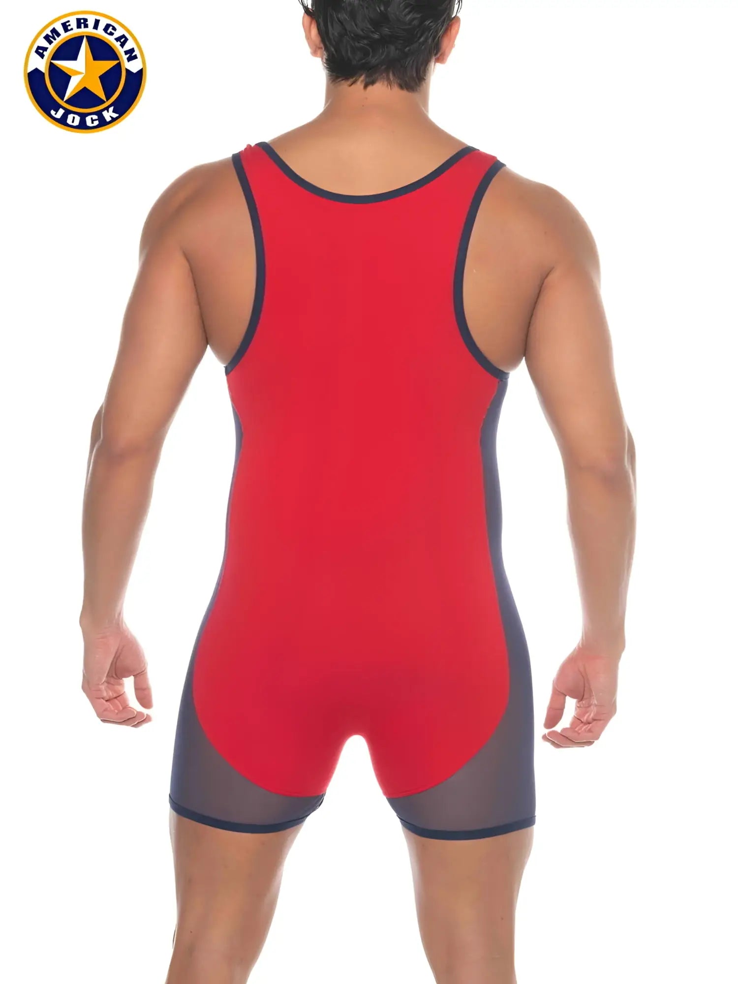 Red and navy blue american jock wrestling singlet with mesh panels for phys ed and sports use