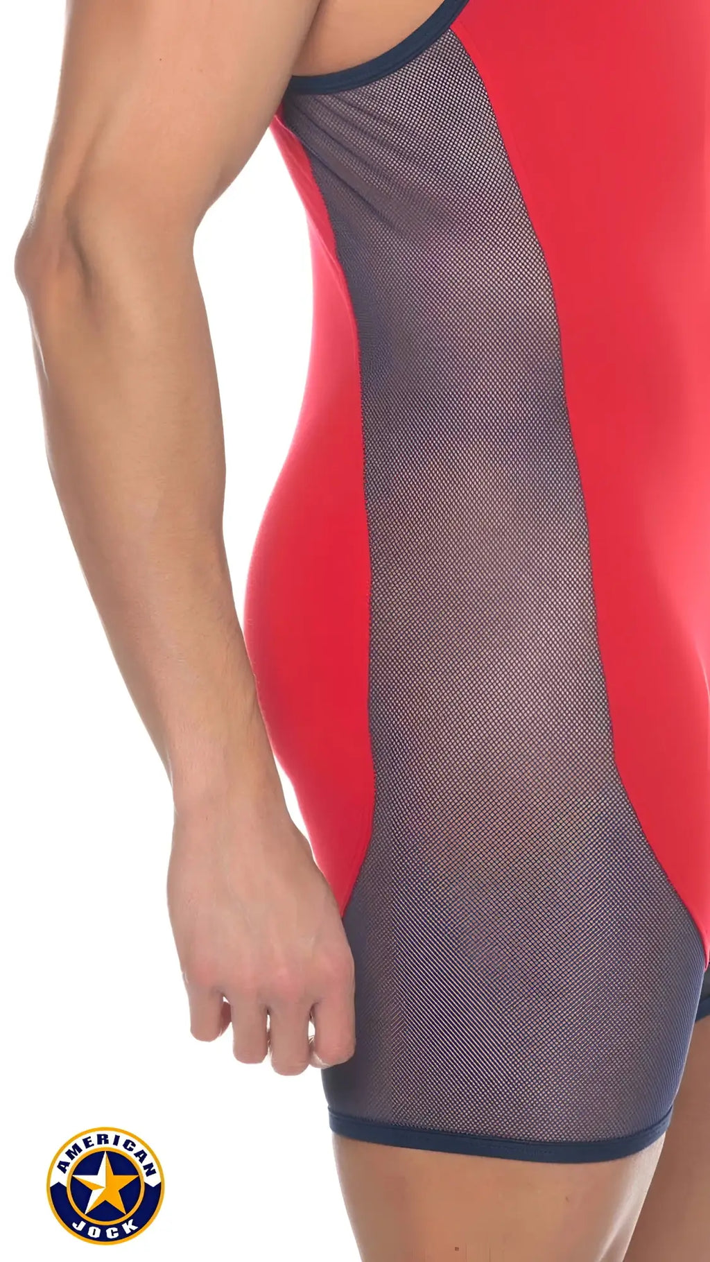 A j phys ed wrestler red and navy mesh wrestling singlet with sheer panel design for athletic use