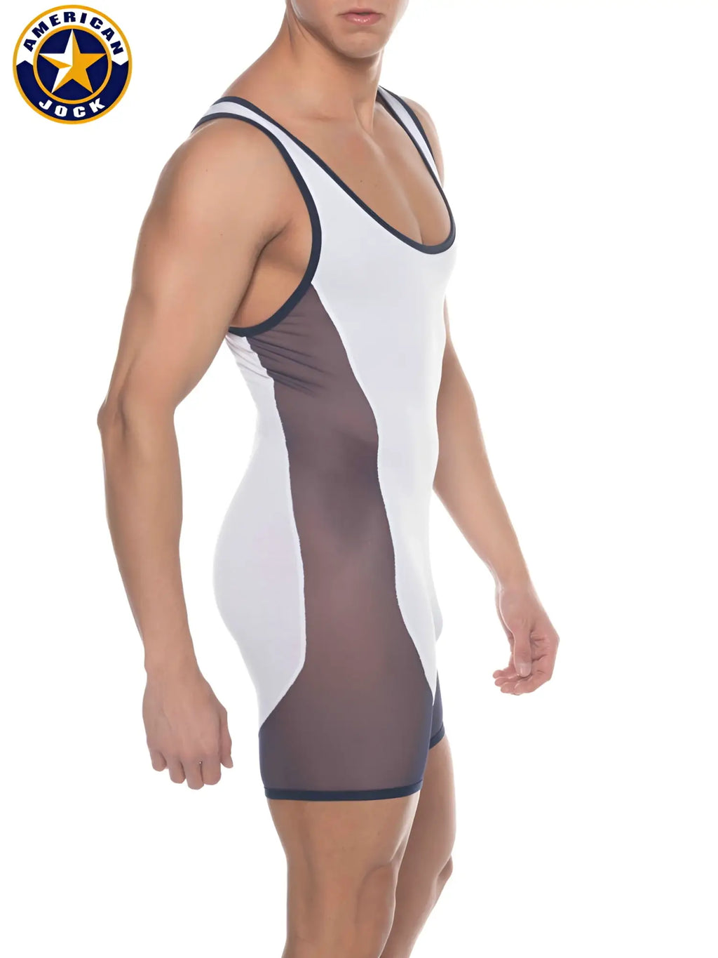 White and gray american jock wrestling singlet with black trim for a j phys ed wrestler in athletic material