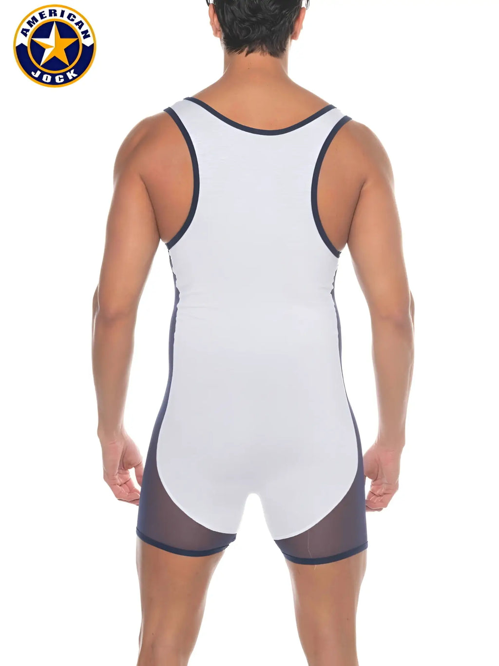 A j phys ed wrestler american jock singlet in white and navy blue with mesh side panels for wrestling use