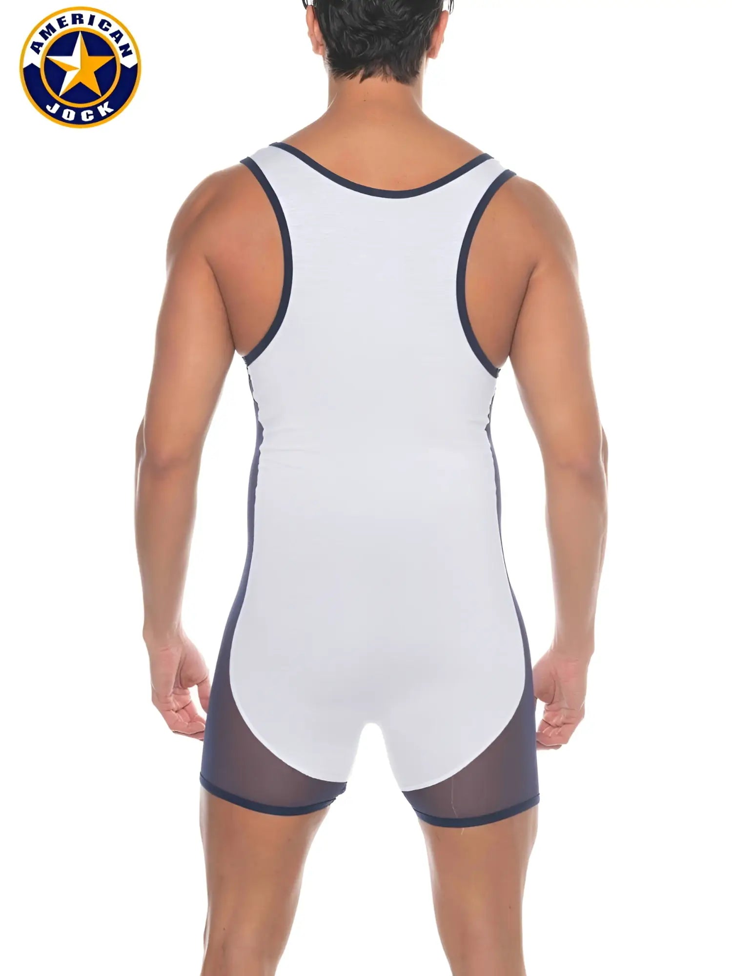 A j phys ed wrestler american jock singlet in white and navy blue with mesh side panels for wrestling use