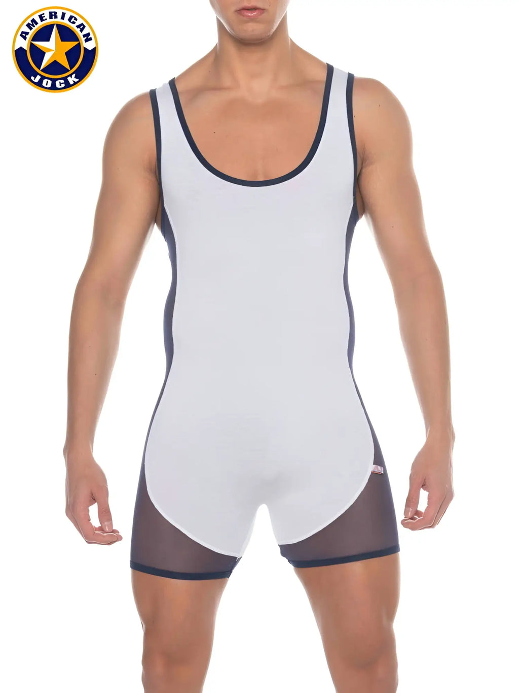 A j phys ed wrestler american jock singlet in white and navy blue with mesh side panels for wrestling use