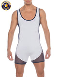 A j phys ed wrestler american jock singlet in white and navy blue with mesh side panels for wrestling use