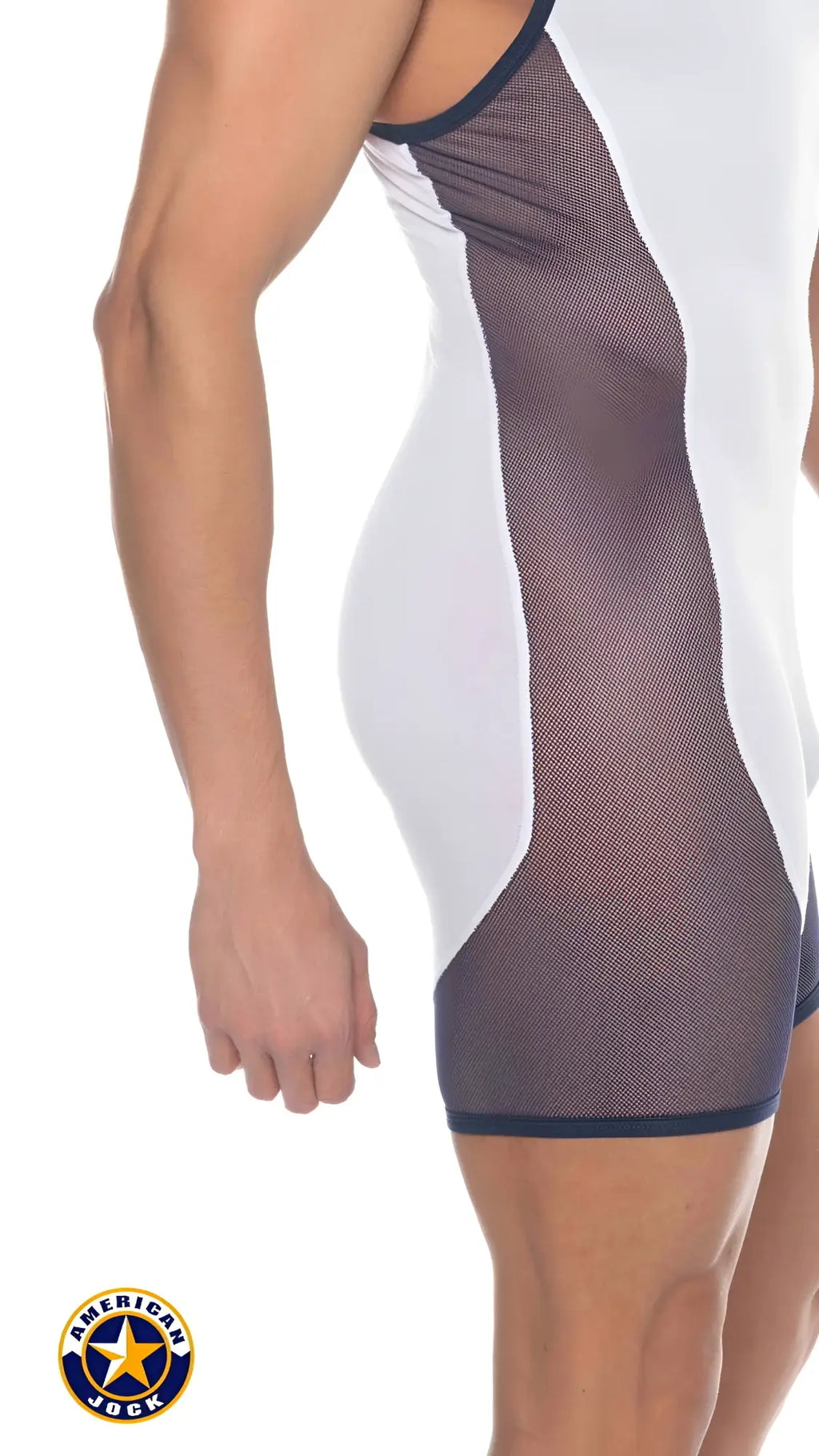 A j phys ed wrestler white and navy mesh athletic singlet with a sleek form fitting design for wrestling use