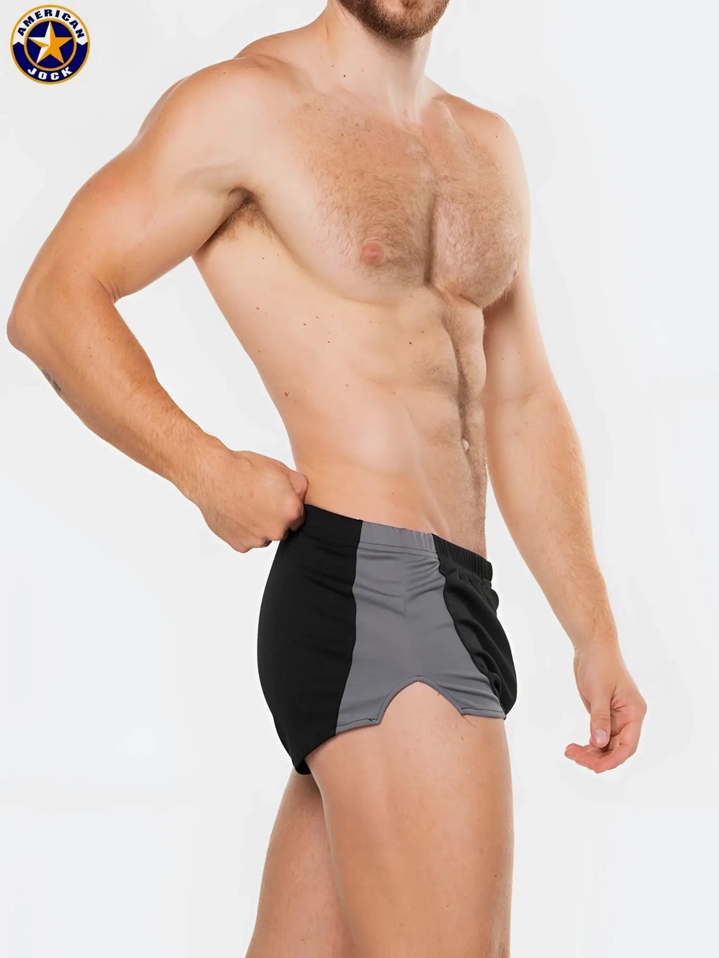 Black and gray a j physique cross country athletic shorts with side panel design for running and training