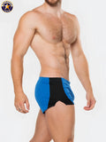 A j physique cross country short in blue and black athletic swim trunks with side panel design for running and training