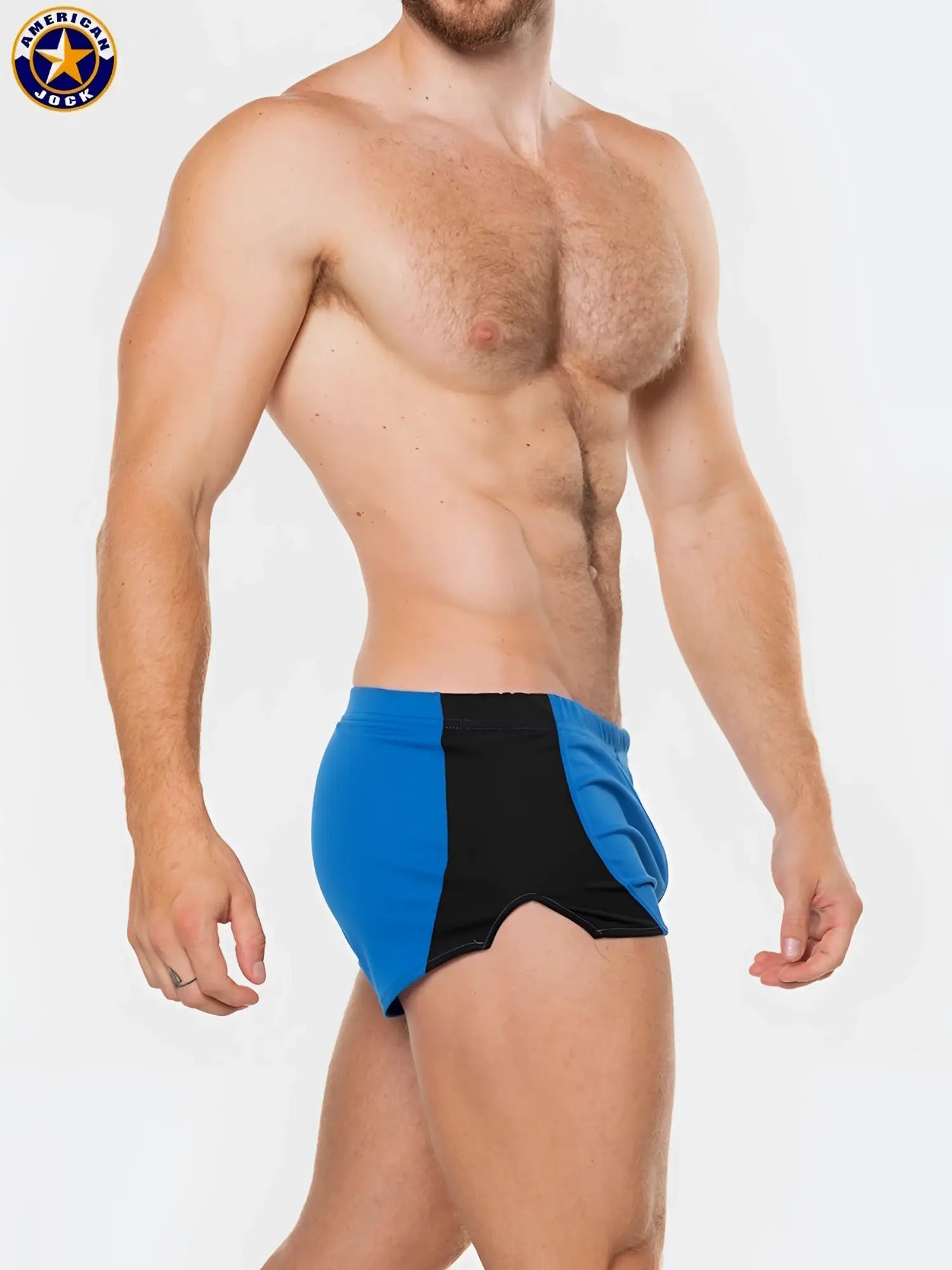 A j physique cross country short in blue and black athletic swim trunks with side panel design for running and training