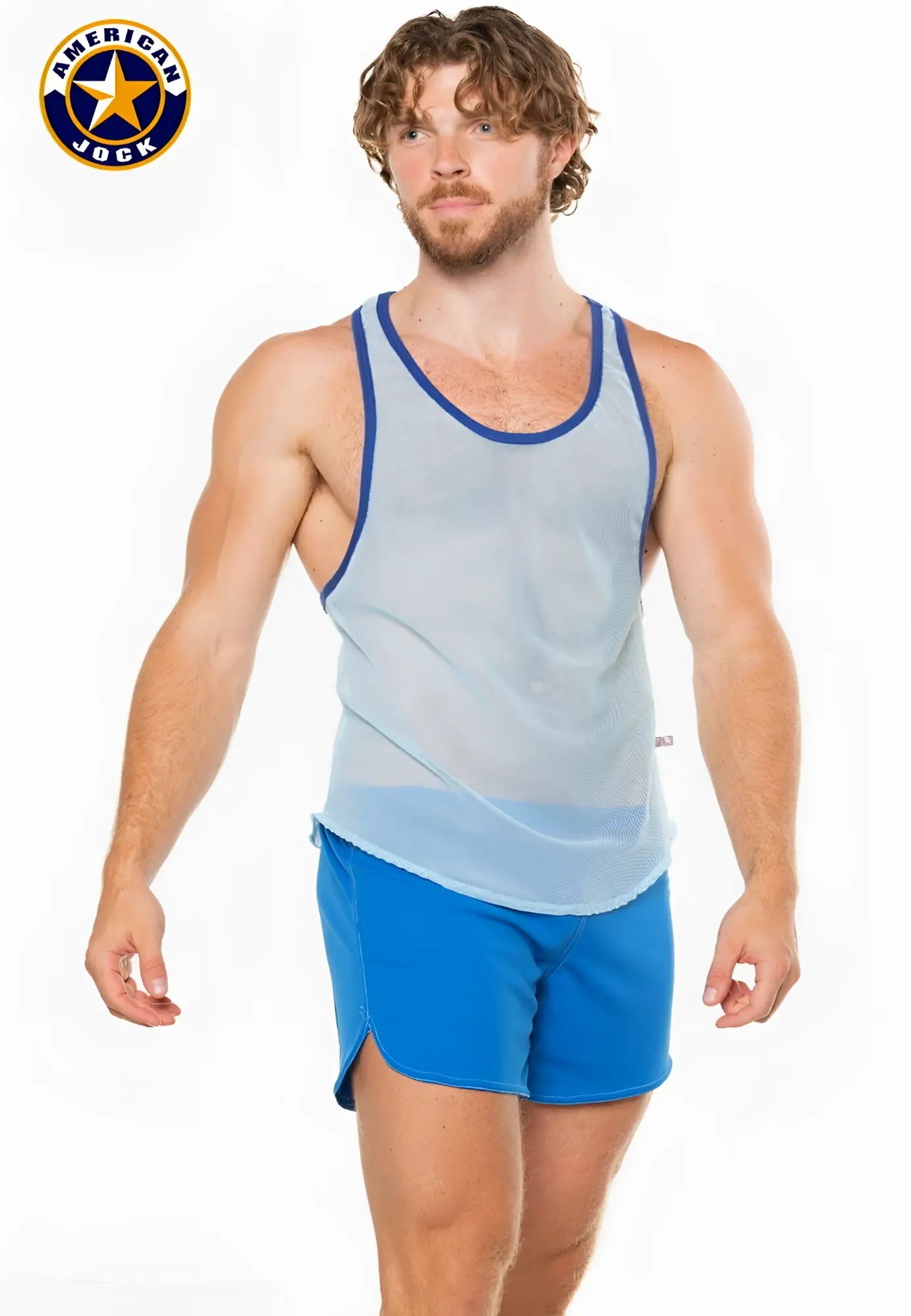 A j physique mesh gym tank in light blue mesh with navy blue trim designed for athletic wear