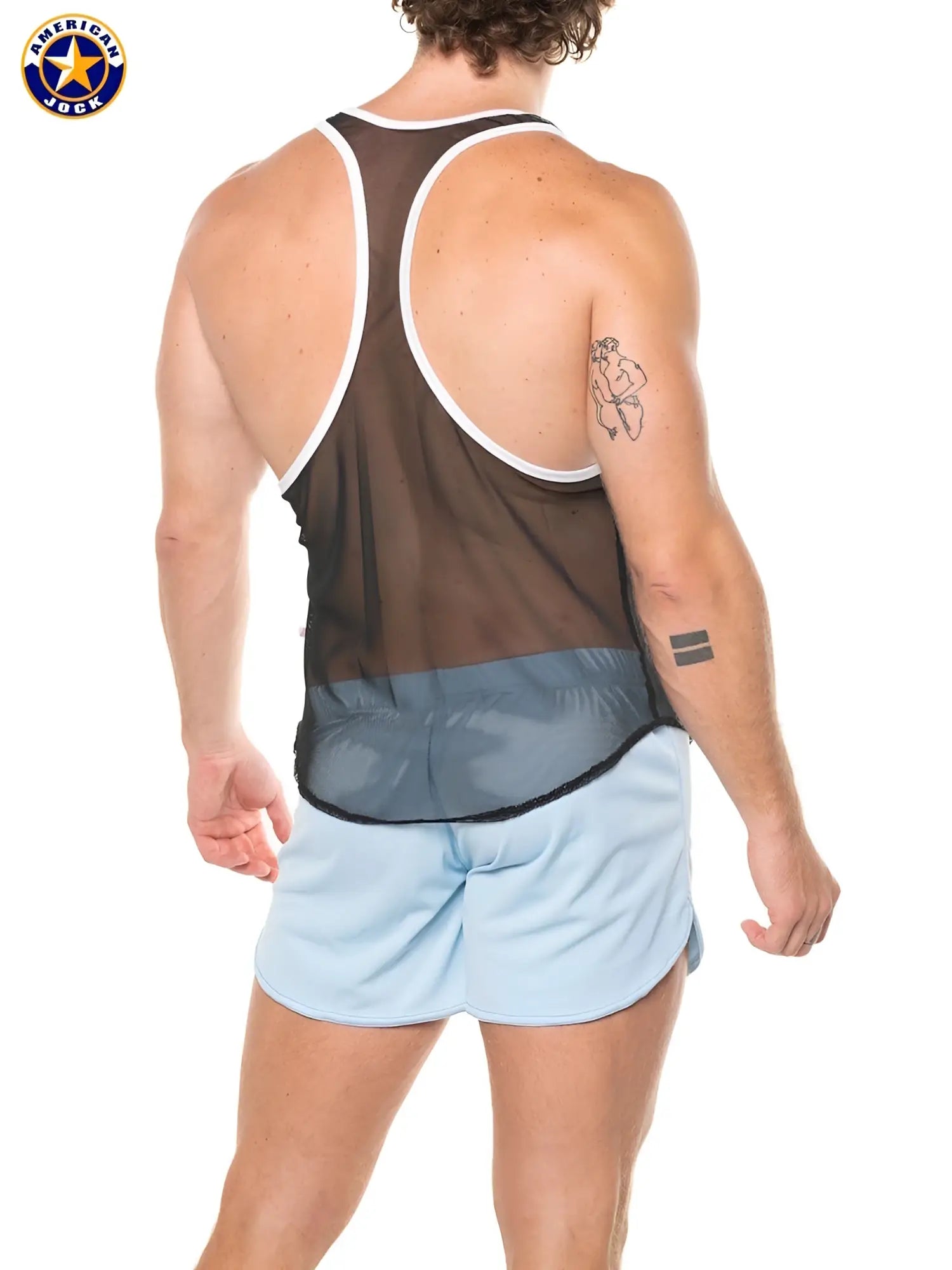 A j physique mesh gym tank featuring a black and white mesh upper with a blue lower panel for workout wear